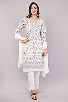 Cotton Salwar Suit Set, Printed Leaf Pattern with Embroidery, White Dupatta, Full Sleeves Cotton Salwar Suit Set, Printed Leaf Pattern with Embroidery, White Dupatta, Full Sleeves