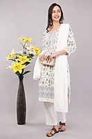 Cotton Salwar Suit Set, Printed Leaf Pattern with Embroidery, White Dupatta, Full Sleeves Cotton Salwar Suit Set, Printed Leaf Pattern with Embroidery, White Dupatta, Full Sleeves
