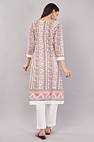 Traditional Printed and Embroidered Cotton Salwar Suit Set, White Dupatta with Pink Floral Pattern, 3/4 Sleeve Traditional Printed and Embroidered Cotton Salwar Suit Set, White Dupatta with Pink Floral Pattern, 3/4 Sleeve