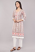 Traditional Printed and Embroidered Cotton Salwar Suit Set, White Dupatta with Pink Floral Pattern, 3/4 Sleeve Traditional Printed and Embroidered Cotton Salwar Suit Set, White Dupatta with Pink Floral Pattern, 3/4 Sleeve
