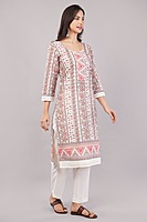 Traditional Printed and Embroidered Cotton Salwar Suit Set, White Dupatta with Pink Floral Pattern, 3/4 Sleeve Traditional Printed and Embroidered Cotton Salwar Suit Set, White Dupatta with Pink Floral Pattern, 3/4 Sleeve