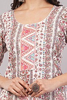 Traditional Printed and Embroidered Cotton Salwar Suit Set, White Dupatta with Pink Floral Pattern, 3/4 Sleeve Traditional Printed and Embroidered Cotton Salwar Suit Set, White Dupatta with Pink Floral Pattern, 3/4 Sleeve