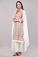 Traditional Printed and Embroidered Cotton Salwar Suit Set, White Dupatta with Pink Floral Pattern, 3/4 Sleeve Traditional Printed and Embroidered Cotton Salwar Suit Set, White Dupatta with Pink Floral Pattern, 3/4 Sleeve