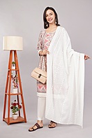 Traditional Printed and Embroidered Cotton Salwar Suit Set, White Dupatta with Pink Floral Pattern, 3/4 Sleeve Traditional Printed and Embroidered Cotton Salwar Suit Set, White Dupatta with Pink Floral Pattern, 3/4 Sleeve