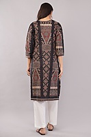 Women's Cotton Kurta, Traditional Geometric Print, 3/4 Sleeves, Black and Peach Women's Cotton Kurta, Traditional Geometric Print, 3/4 Sleeves, Black and Peach