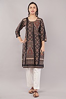 Women's Cotton Kurta, Traditional Geometric Print, 3/4 Sleeves, Black and Peach Women's Cotton Kurta, Traditional Geometric Print, 3/4 Sleeves, Black and Peach