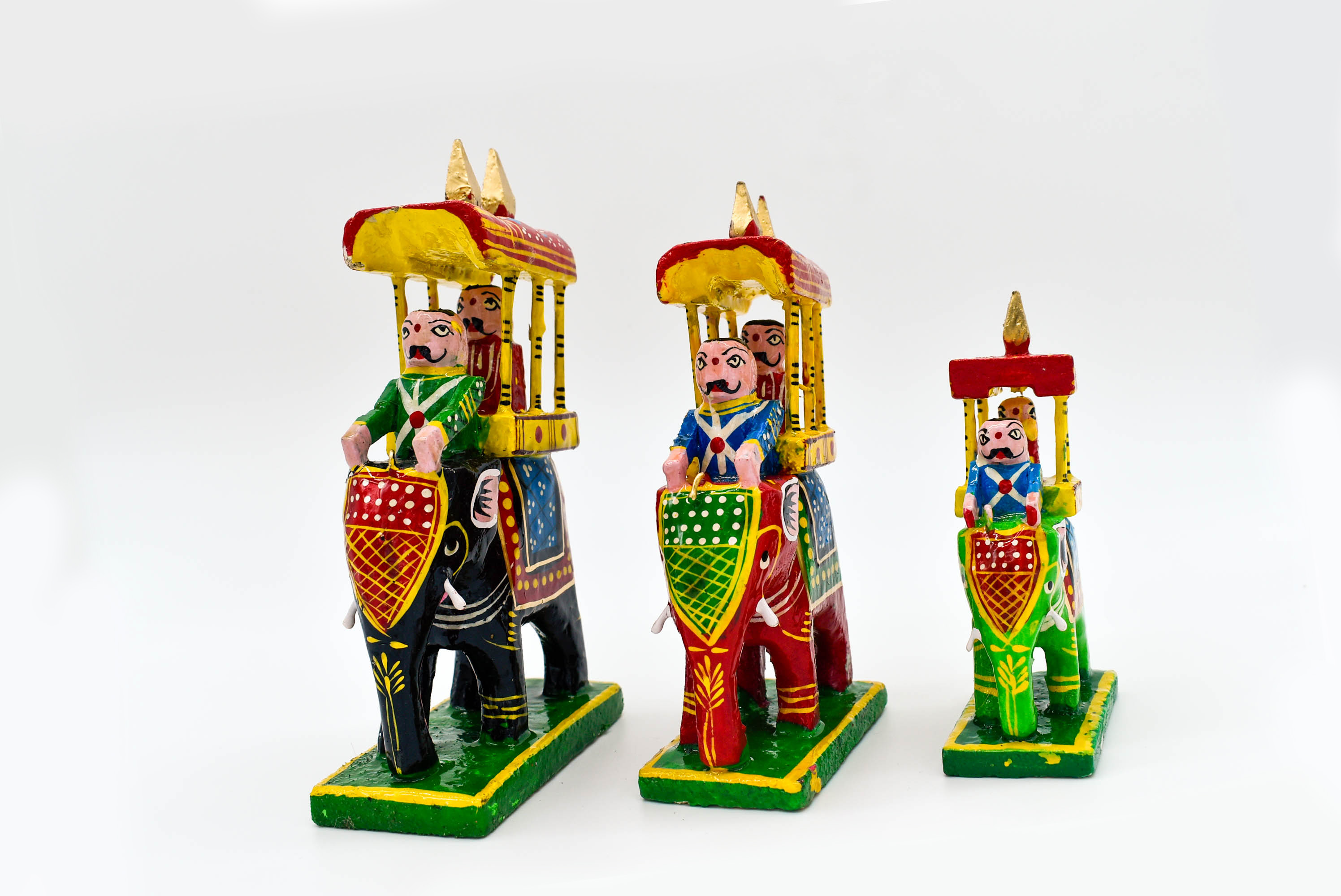 Handcrafted Wooden Maharaja on Elephant Figurines, Traditional Pattachitra Art, Set of 3, Multicolour Handcrafted Wooden Maharaja on Elephant Figurines, Traditional Pattachitra Art, Set of 3, Multicolour