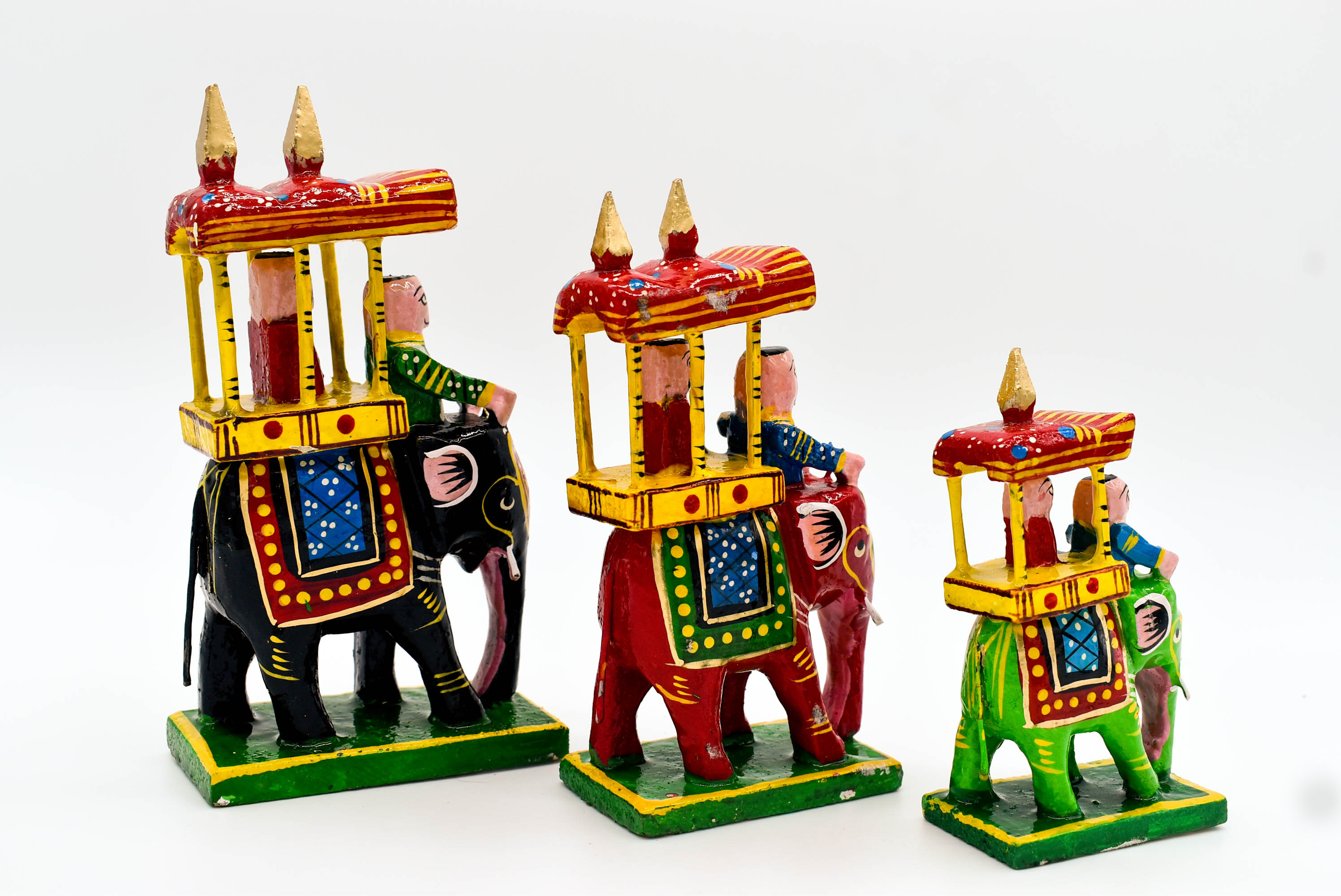 Handcrafted Wooden Maharaja on Elephant Figurines, Traditional Pattachitra Art, Set of 3, Multicolour Handcrafted Wooden Maharaja on Elephant Figurines, Traditional Pattachitra Art, Set of 3, Multicolour