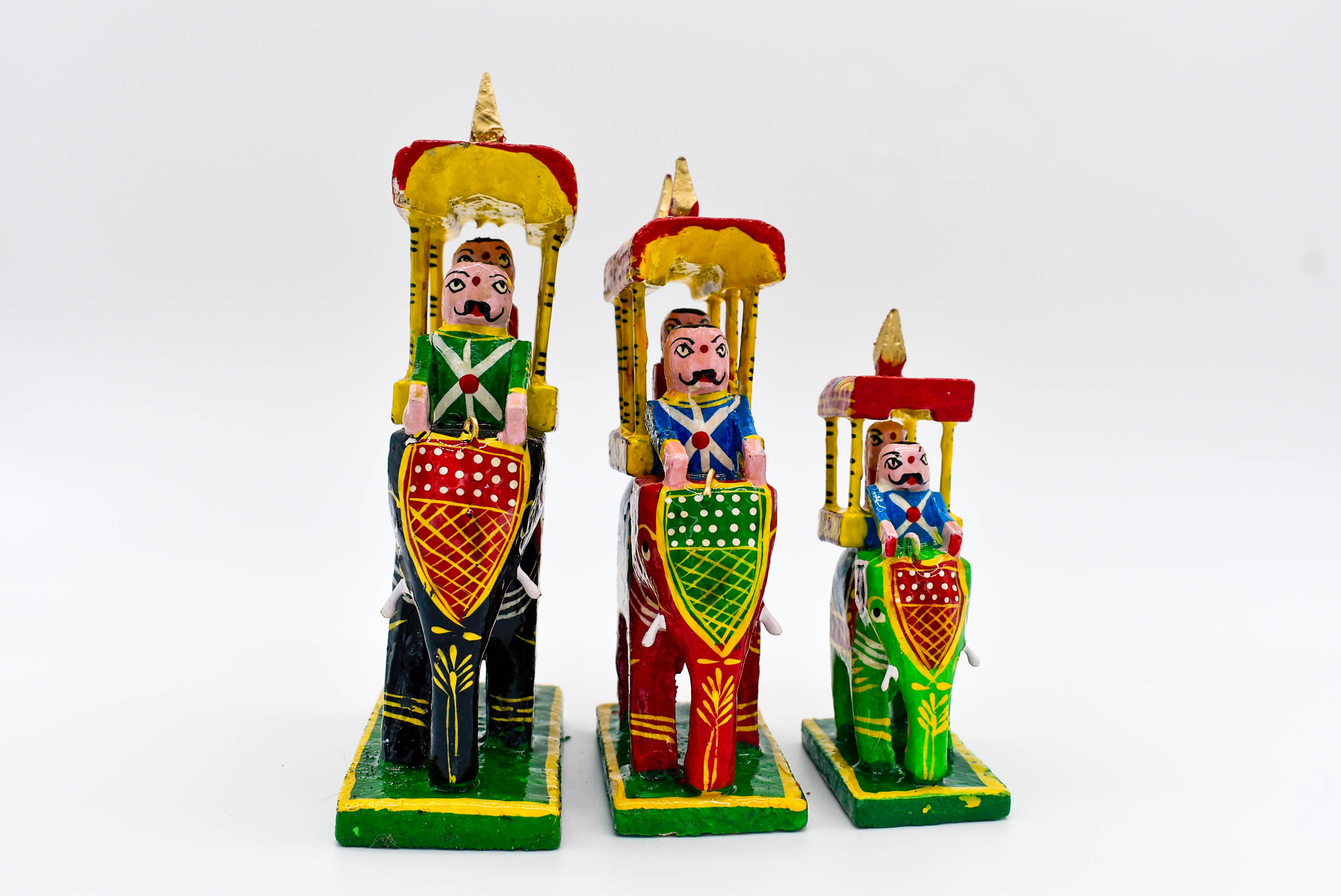 Handcrafted Wooden Maharaja on Elephant Figurines, Traditional Pattachitra Art, Set of 3, Multicolour Handcrafted Wooden Maharaja on Elephant Figurines, Traditional Pattachitra Art, Set of 3, Multicolour