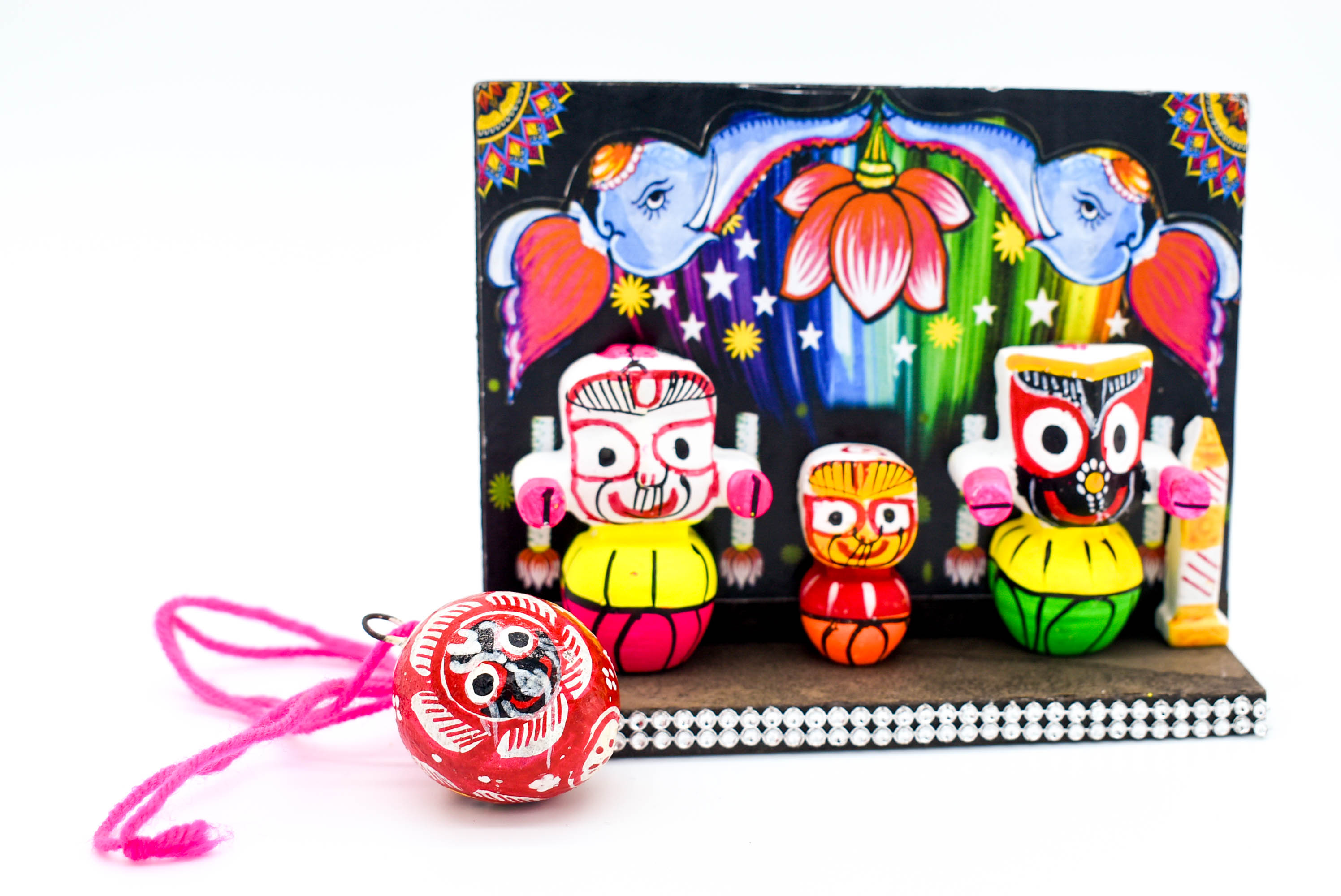 Lord Jagannath Wooden Car Dashboard Idol with Painted Betel Nut, 14 cm x 4 cm x 10.5 cm, Colourful Traditional Design Lord Jagannath Wooden Car Dashboard Idol with Painted Betel Nut, 14 cm x 4 cm x 10.5 cm, Colourful Traditional Design