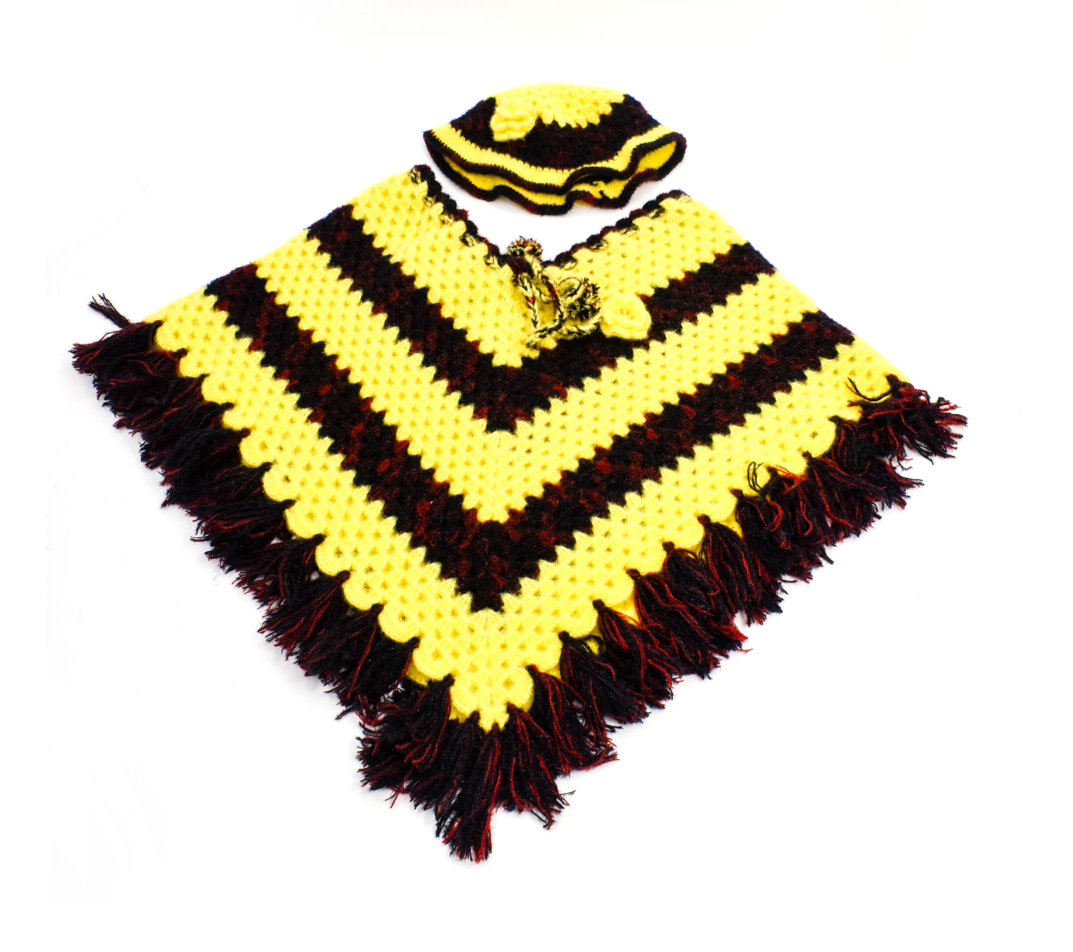 Handknitted Yellow and Black Striped Woolen Poncho and Cap for Kids (4-5 years) Handknitted Yellow and Black Striped Woolen Poncho and Cap for Kids (4-5 years)