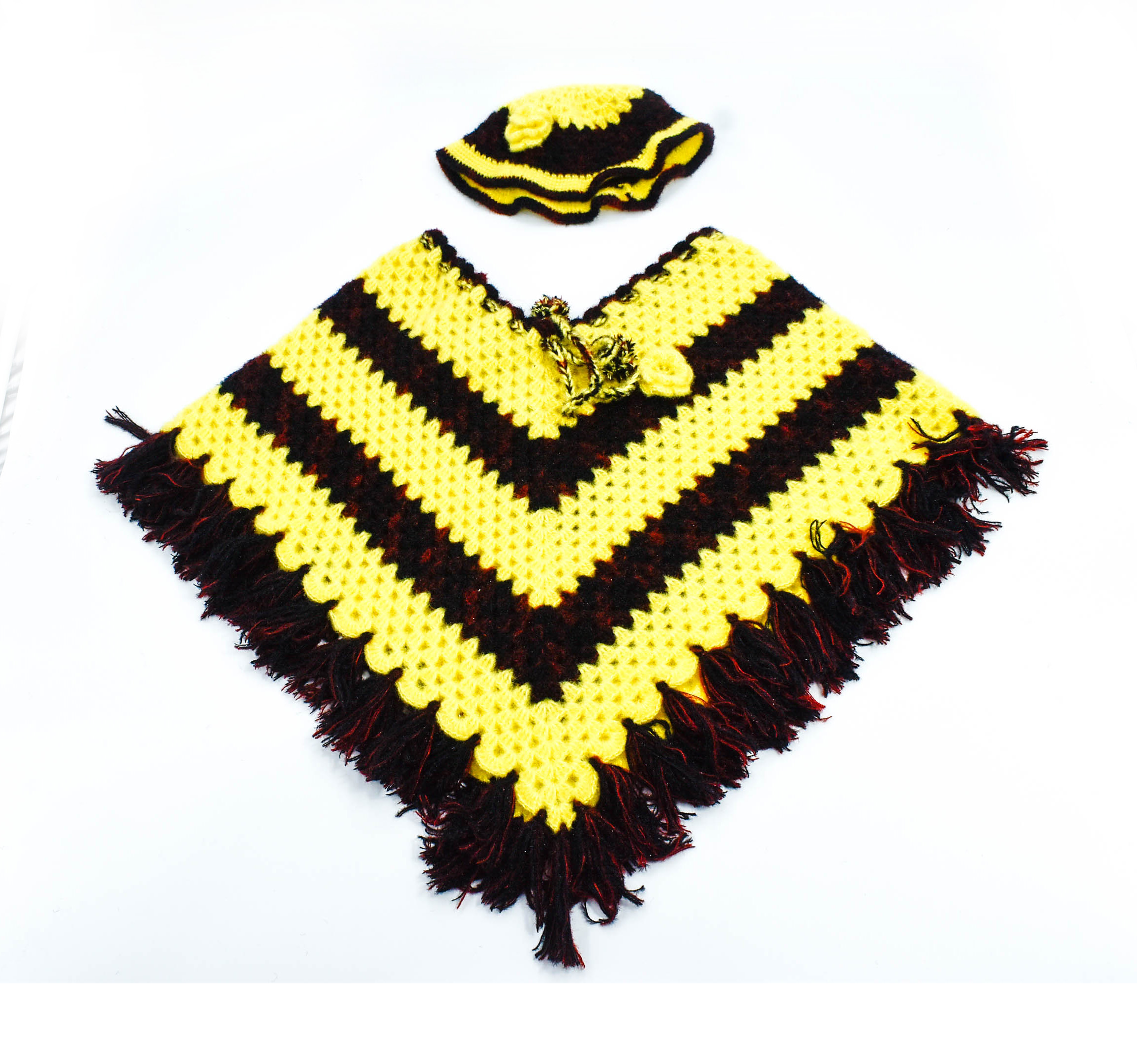 Handknitted Yellow and Black Striped Woolen Poncho and Cap for Kids (4-5 years) Handknitted Yellow and Black Striped Woolen Poncho and Cap for Kids (4-5 years)