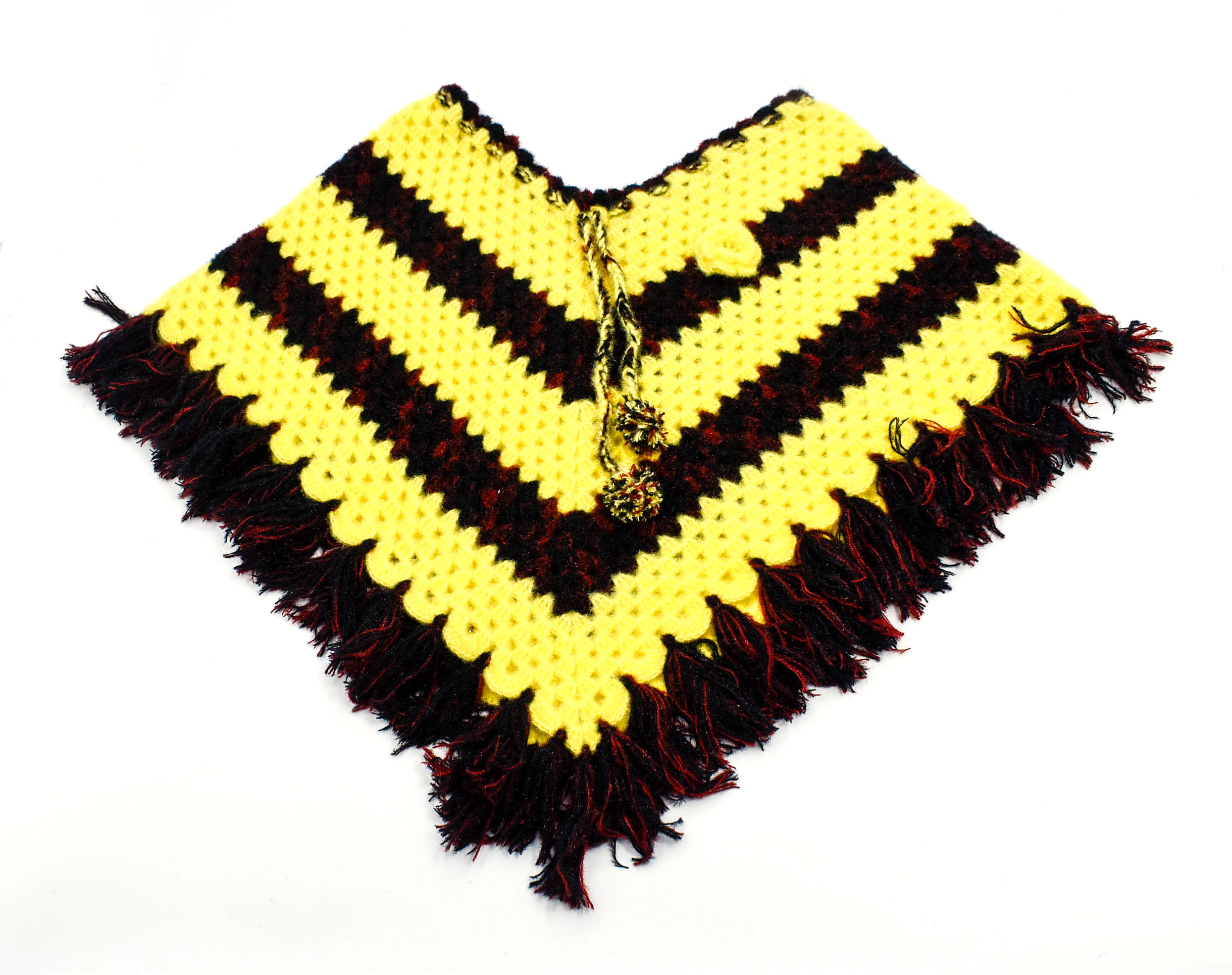 Handknitted Yellow and Black Striped Woolen Poncho and Cap for Kids (4-5 years) Handknitted Yellow and Black Striped Woolen Poncho and Cap for Kids (4-5 years)