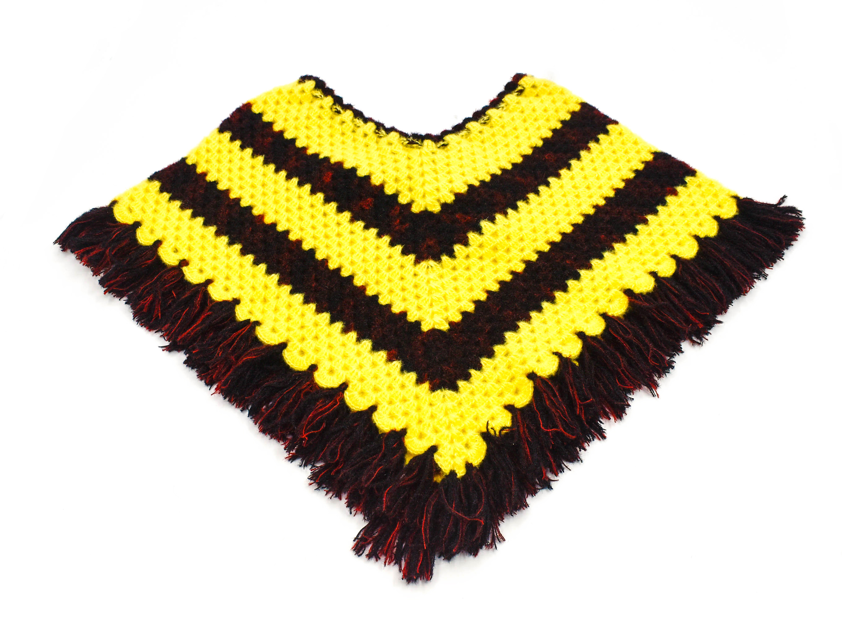 Handknitted Yellow and Black Striped Woolen Poncho and Cap for Kids (4-5 years) Handknitted Yellow and Black Striped Woolen Poncho and Cap for Kids (4-5 years)