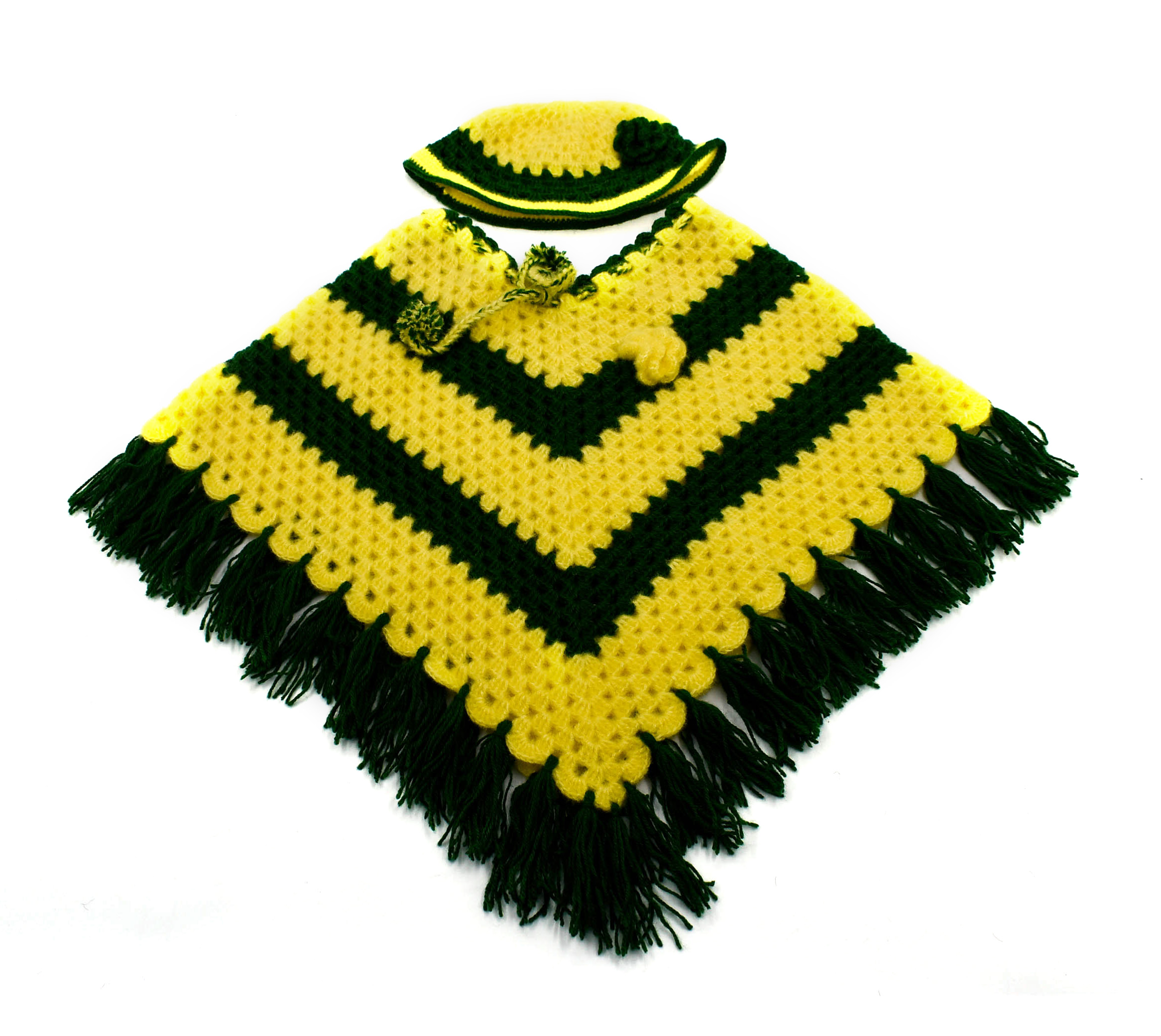 Handknitted Woolen Poncho and Cap Set for Kids, Yellow and Green Striped (4-5 Years)