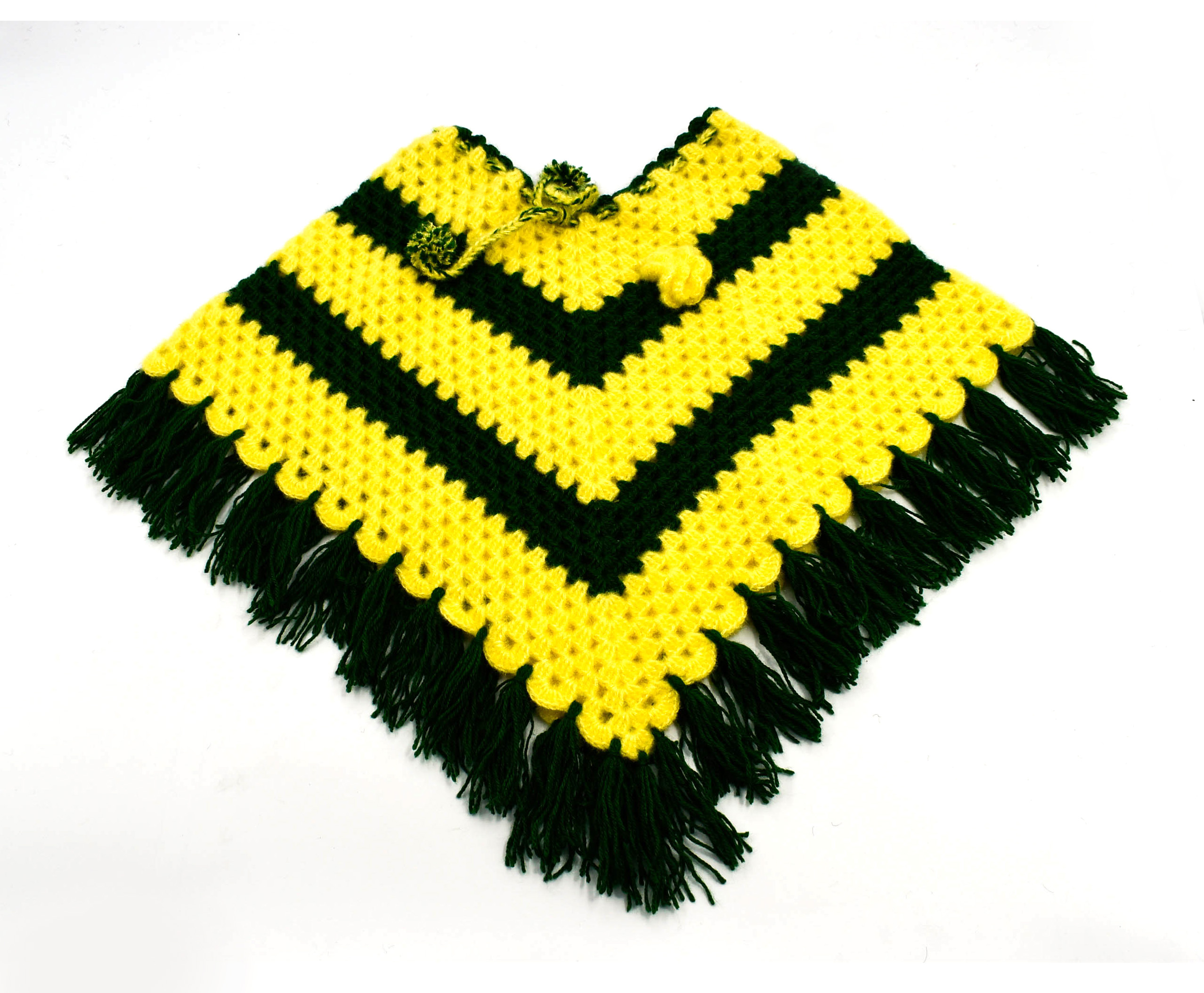 Handknitted Woolen Poncho and Cap Set for Kids, Yellow and Green Striped (4-5 Years)