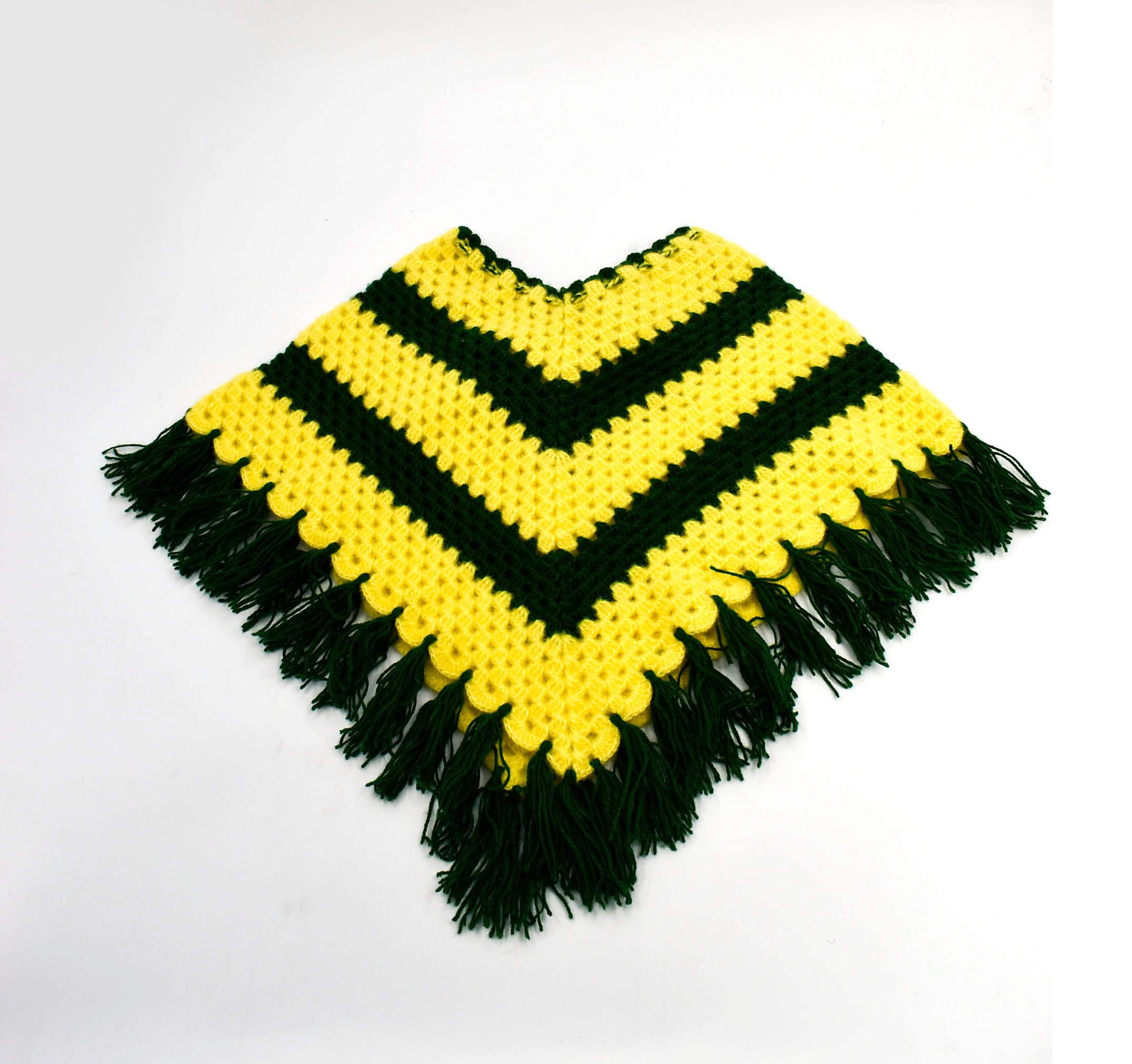 Handknitted Woolen Poncho and Cap Set for Kids, Yellow and Green Striped (4-5 Years)