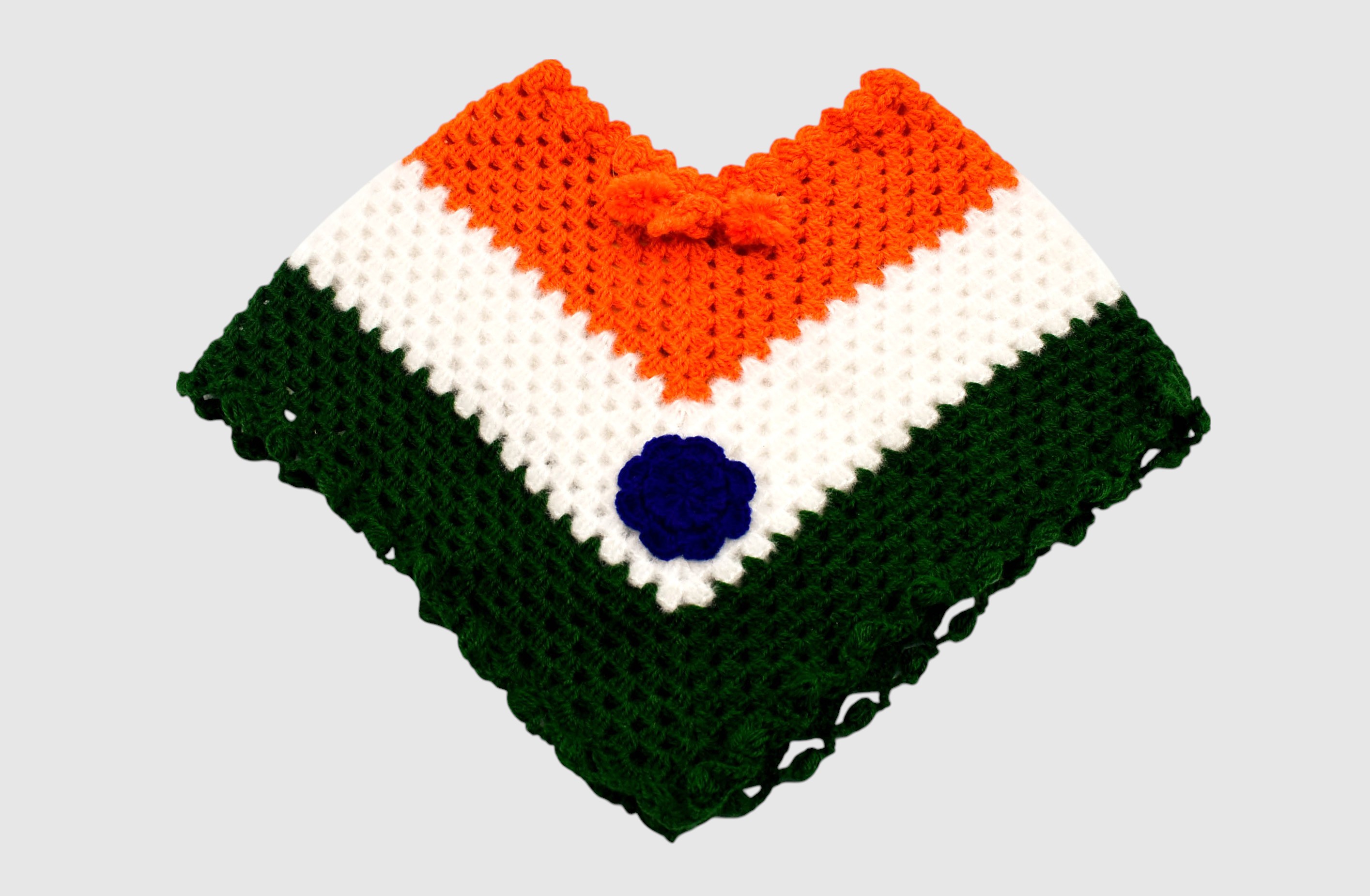 Handknitted Woolen Poncho and Cap Set for Kids, Tricolor Design (1-3 Years)
