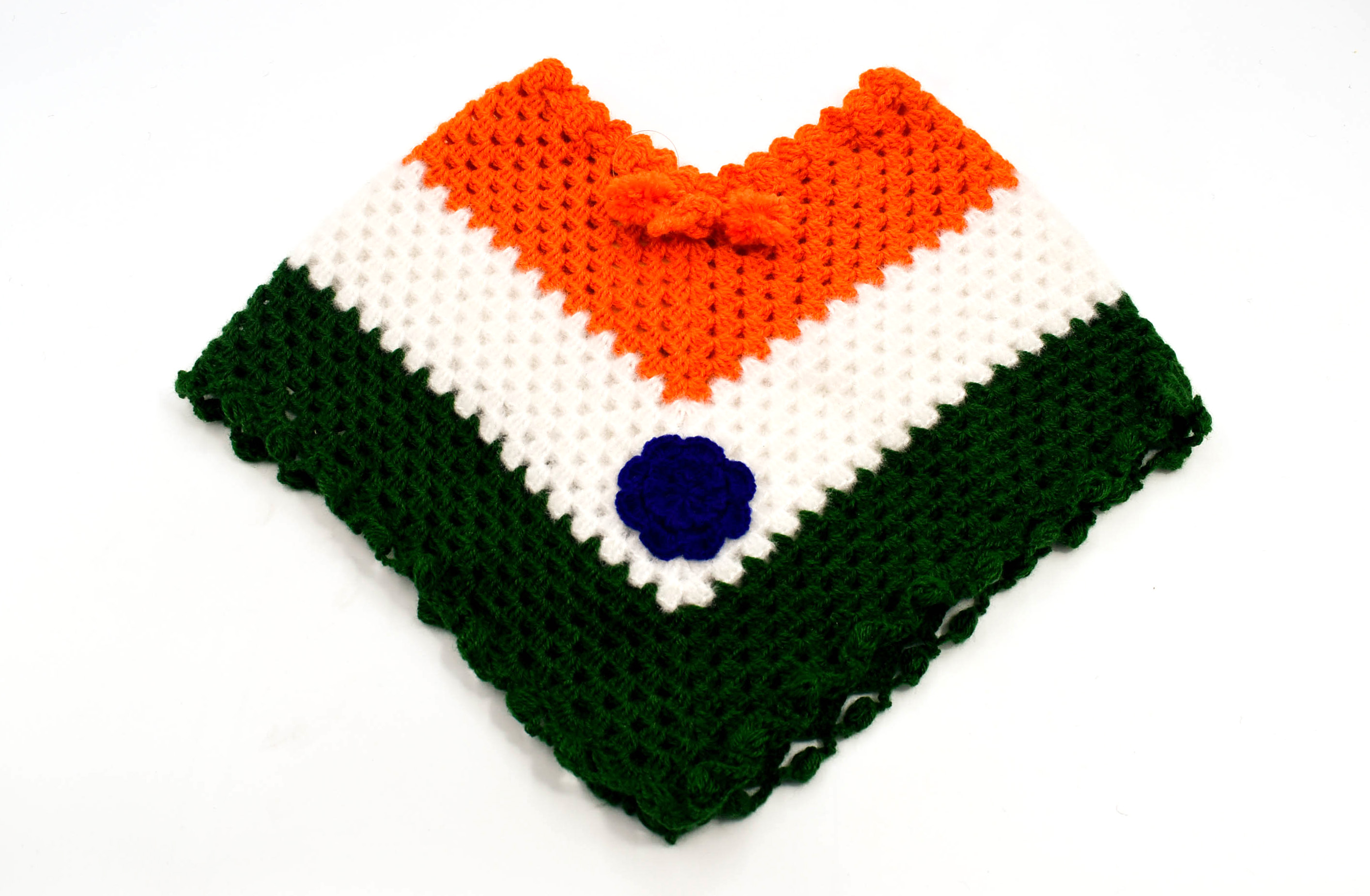 Handknitted Woolen Poncho and Cap Set for Kids, Tricolor Design (1-3 Years) Handknitted Woolen Poncho and Cap Set for Kids, Tricolor Design (1-3 Years)