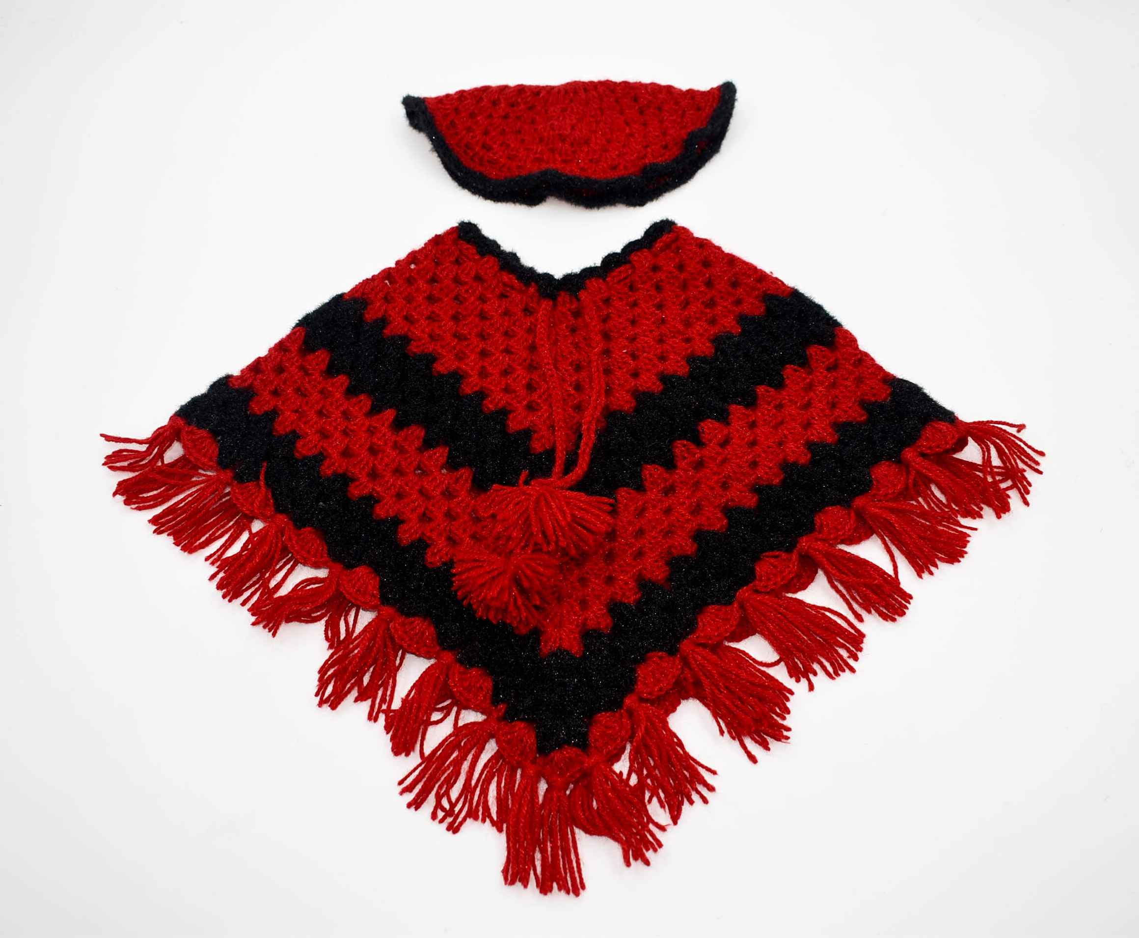 Handknitted Woolen Poncho and Cap Set for Kids, Red and Black (1-3 Years) Handknitted Woolen Poncho and Cap Set for Kids, Red and Black (1-3 Years)