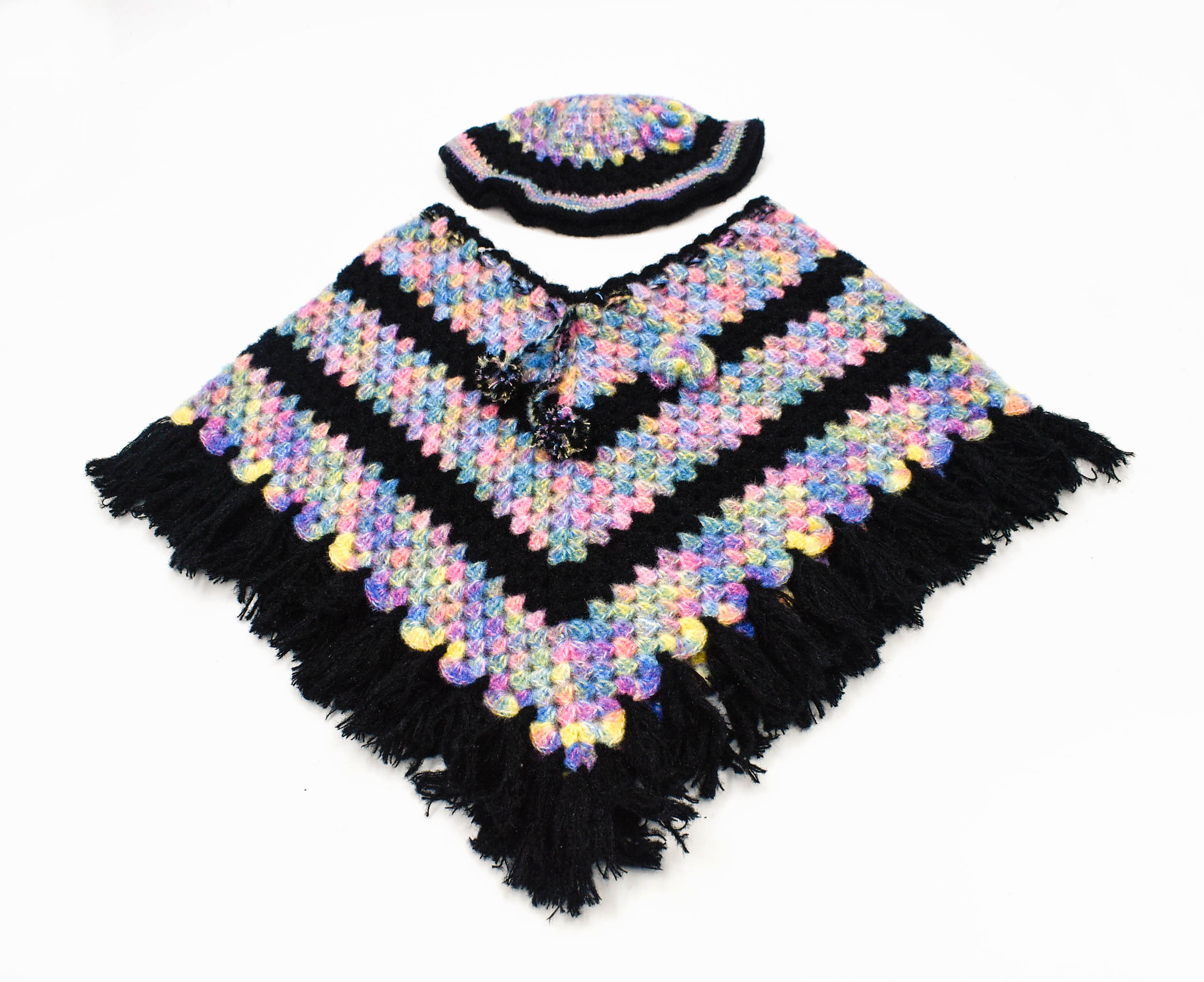 Handknitted Kids Woolen Poncho and Cap Set, Black with Multicolor Pattern (3-5 Years) Handknitted Kids Woolen Poncho and Cap Set, Black with Multicolor Pattern (3-5 Years)