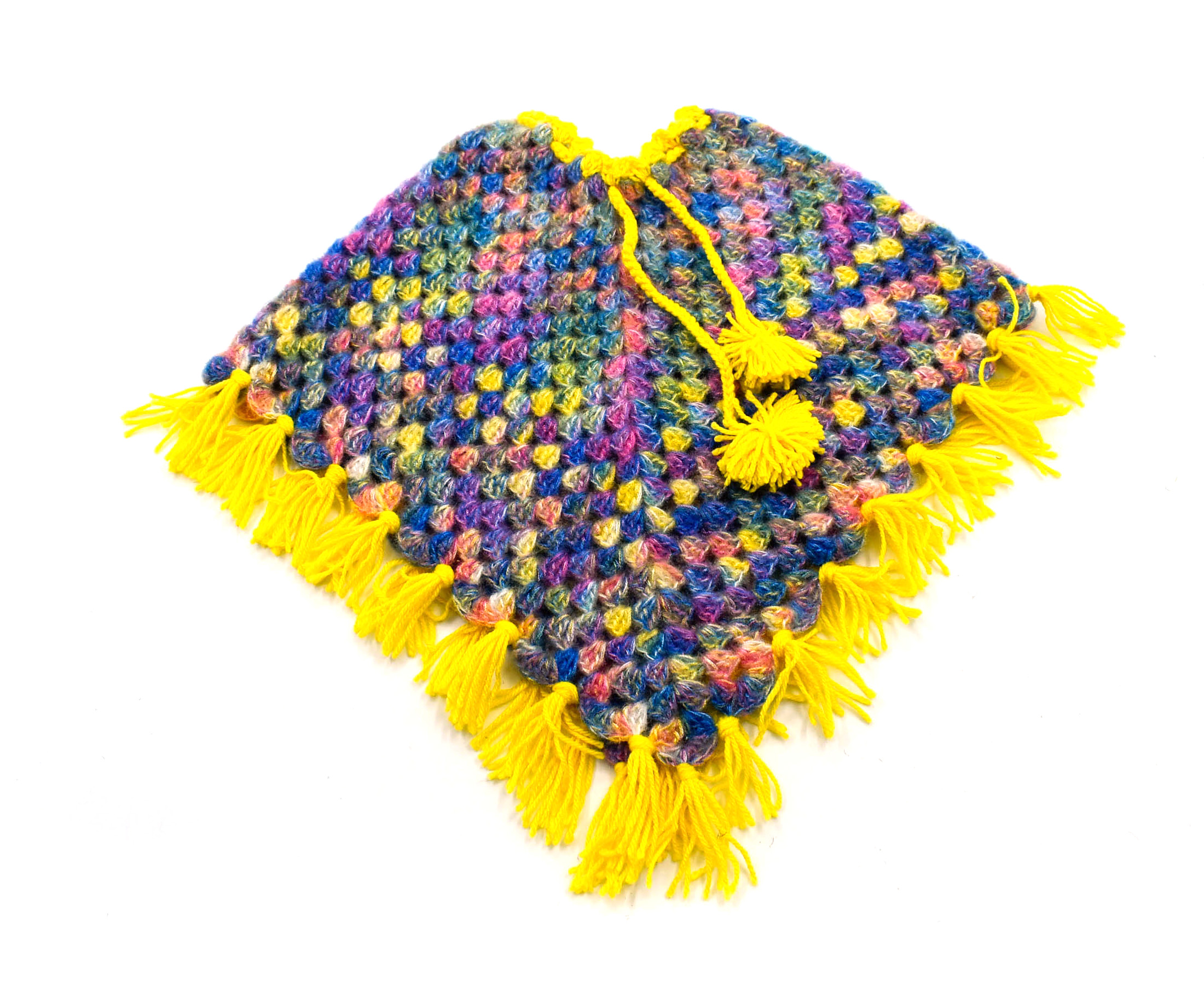 Handknitted Kids Multicolor Woolen Poncho and Cap Set with Yellow Tassels (1-3 Years) Handknitted Kids Multicolor Woolen Poncho and Cap Set with Yellow Tassels (1-3 Years)
