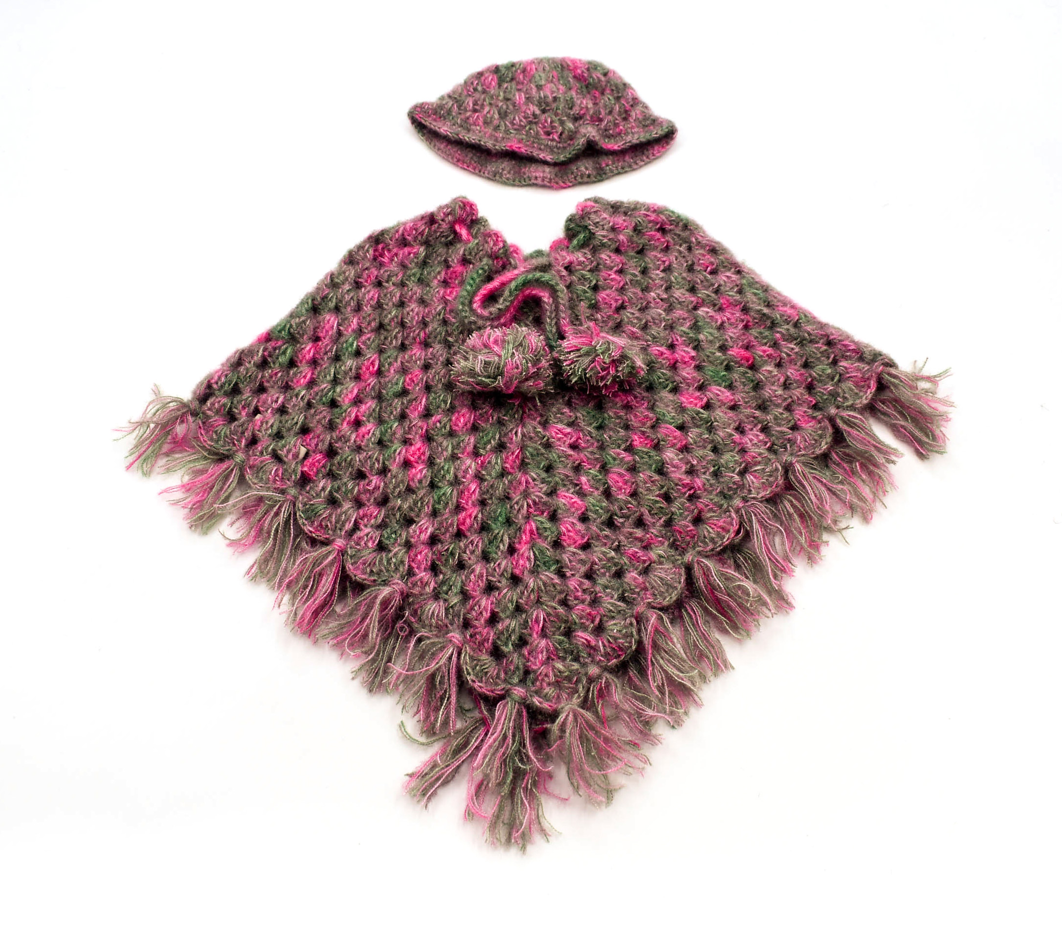Handknitted Kids Woolen Poncho and Cap Set, Pink and Grey (1-2 Years) Handknitted Kids Woolen Poncho and Cap Set, Pink and Grey (1-2 Years)