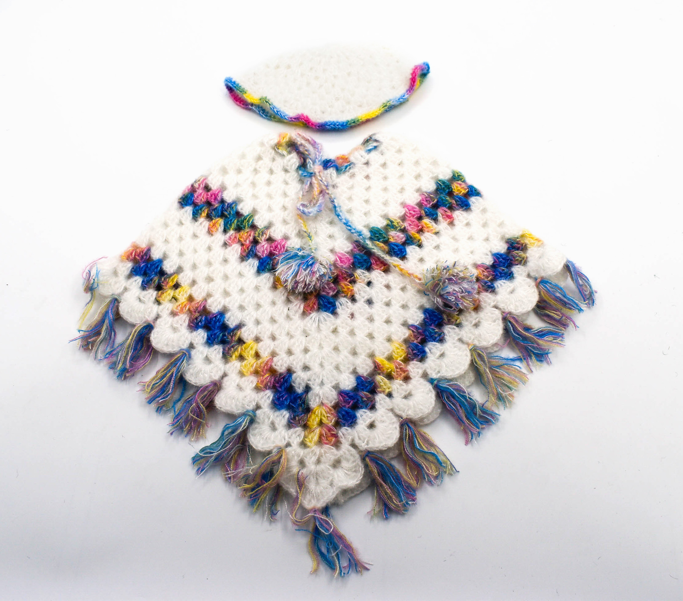 Handknitted Woolen Poncho and Cap Set for Kids, White with Multicolor Tassels (1-2 Years) Handknitted Woolen Poncho and Cap Set for Kids, White with Multicolor Tassels (1-2 Years)