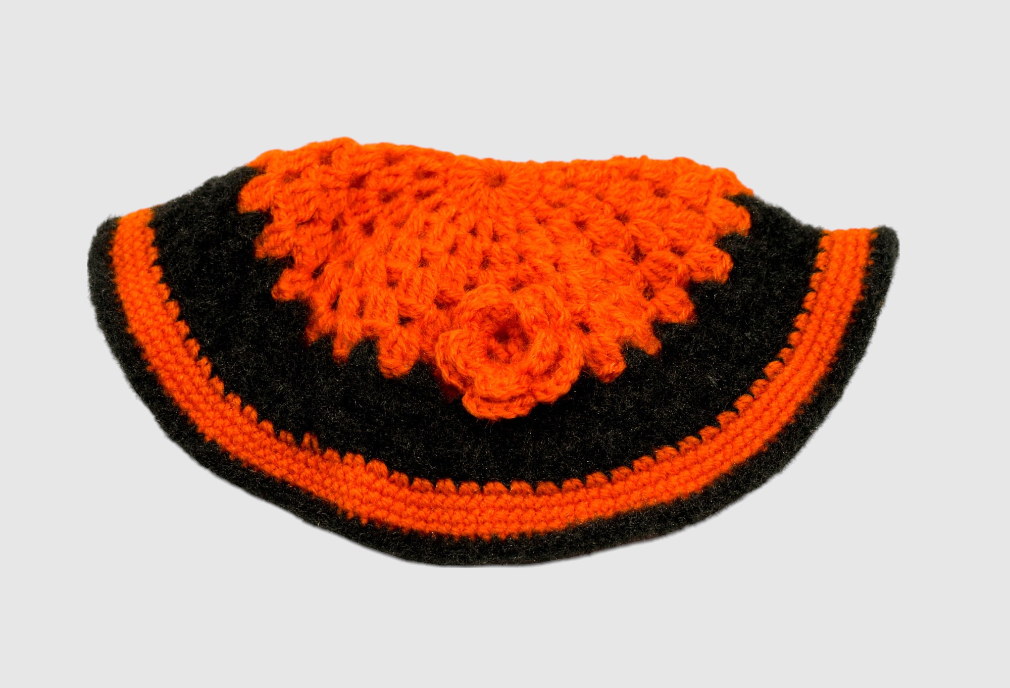 Handknitted Woolen Kids Poncho and Cap Set, Orange and Black (6 Months - 1 Year)