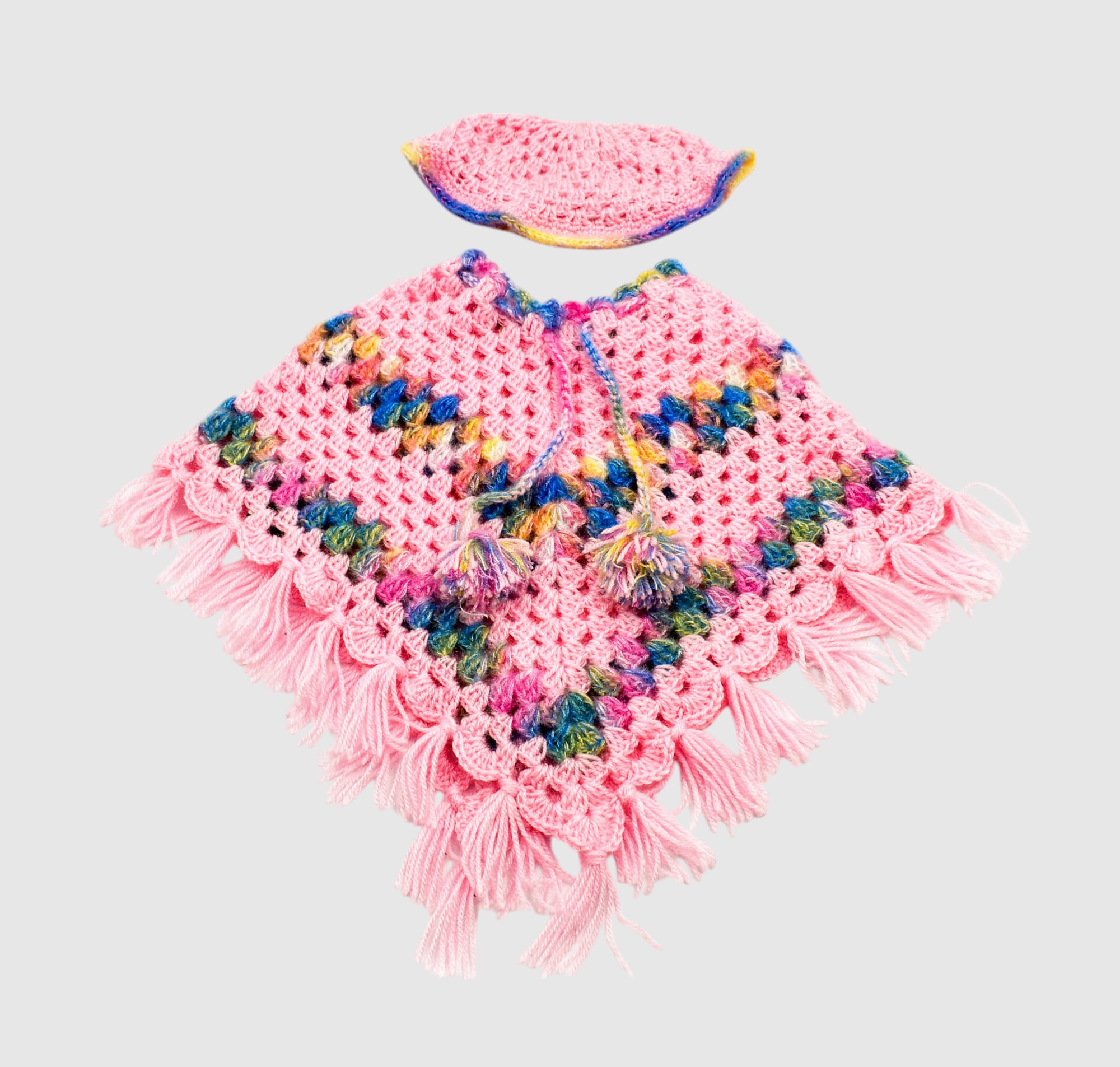 Handknitted Woolen Kids Poncho and Cap Set, Pink with Multicolor Pattern (6 Month - 1 Year)