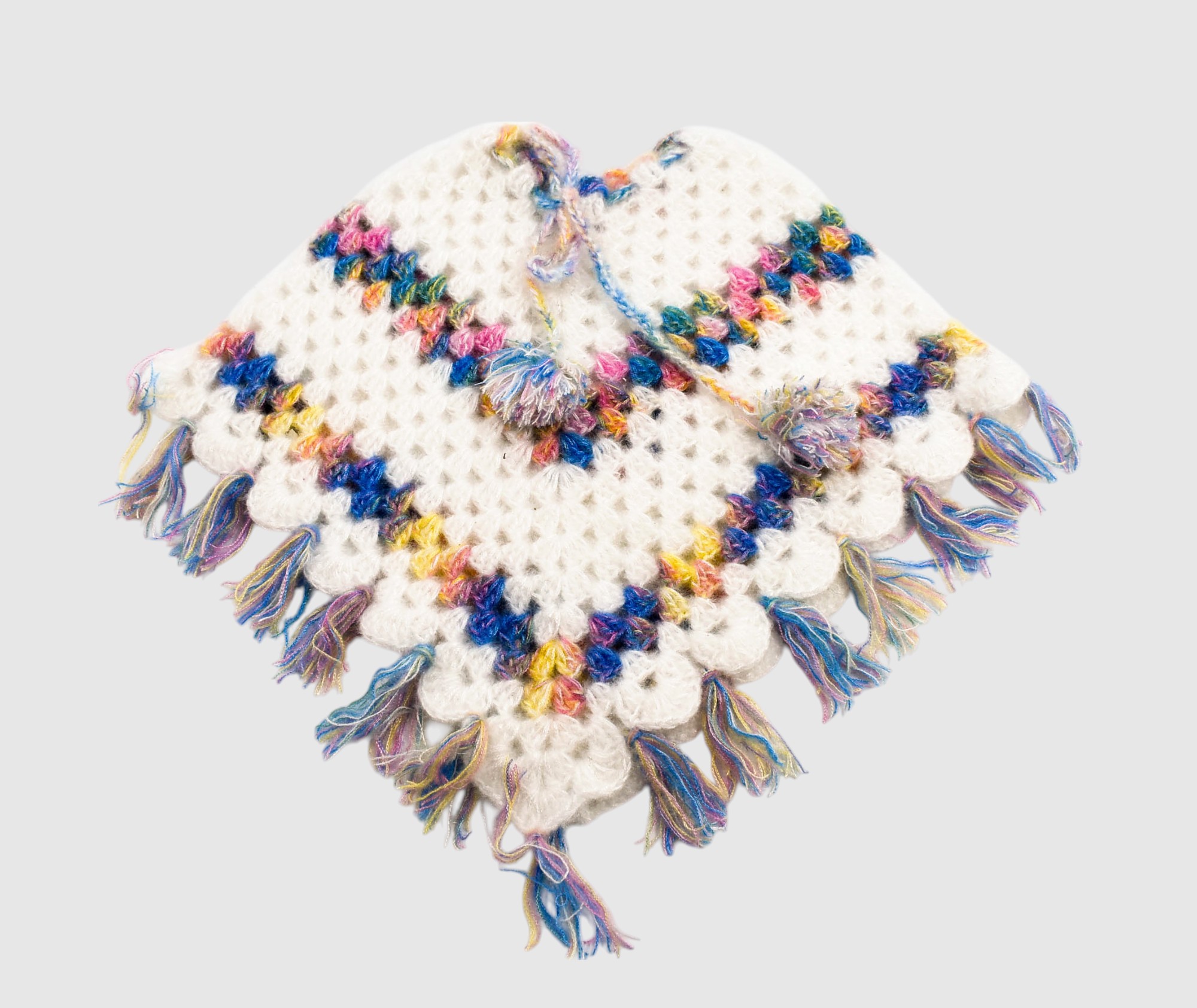 Handknitted Woolen Poncho and Cap Set for Kids, White with Multicolor Tassels (1-2 Years)