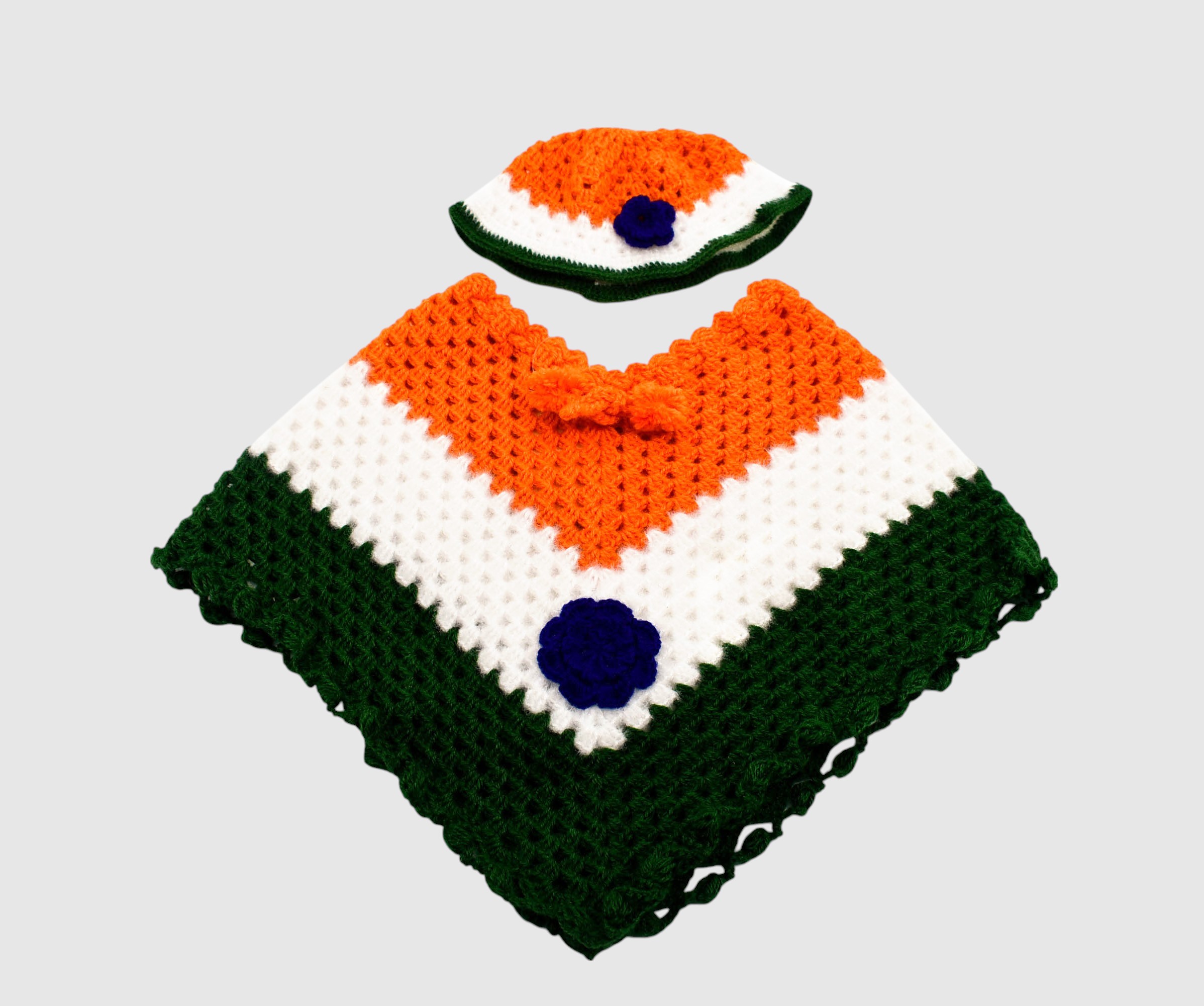 Handknitted Woolen Poncho and Cap Set for Kids, Tricolor Design (1-3 Years)
