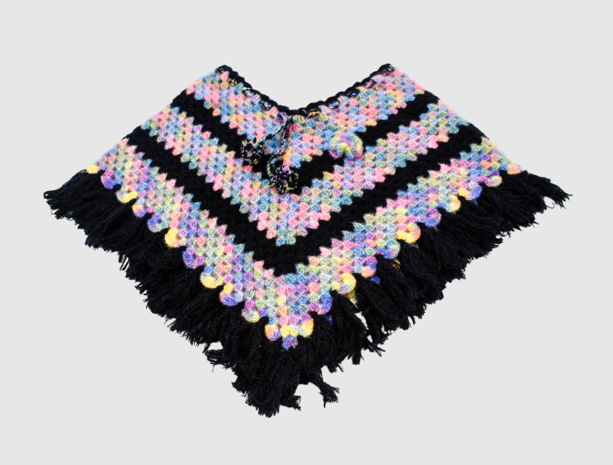 Handknitted Kids Woolen Poncho and Cap Set, Black with Multicolor Pattern (3-5 Years)
