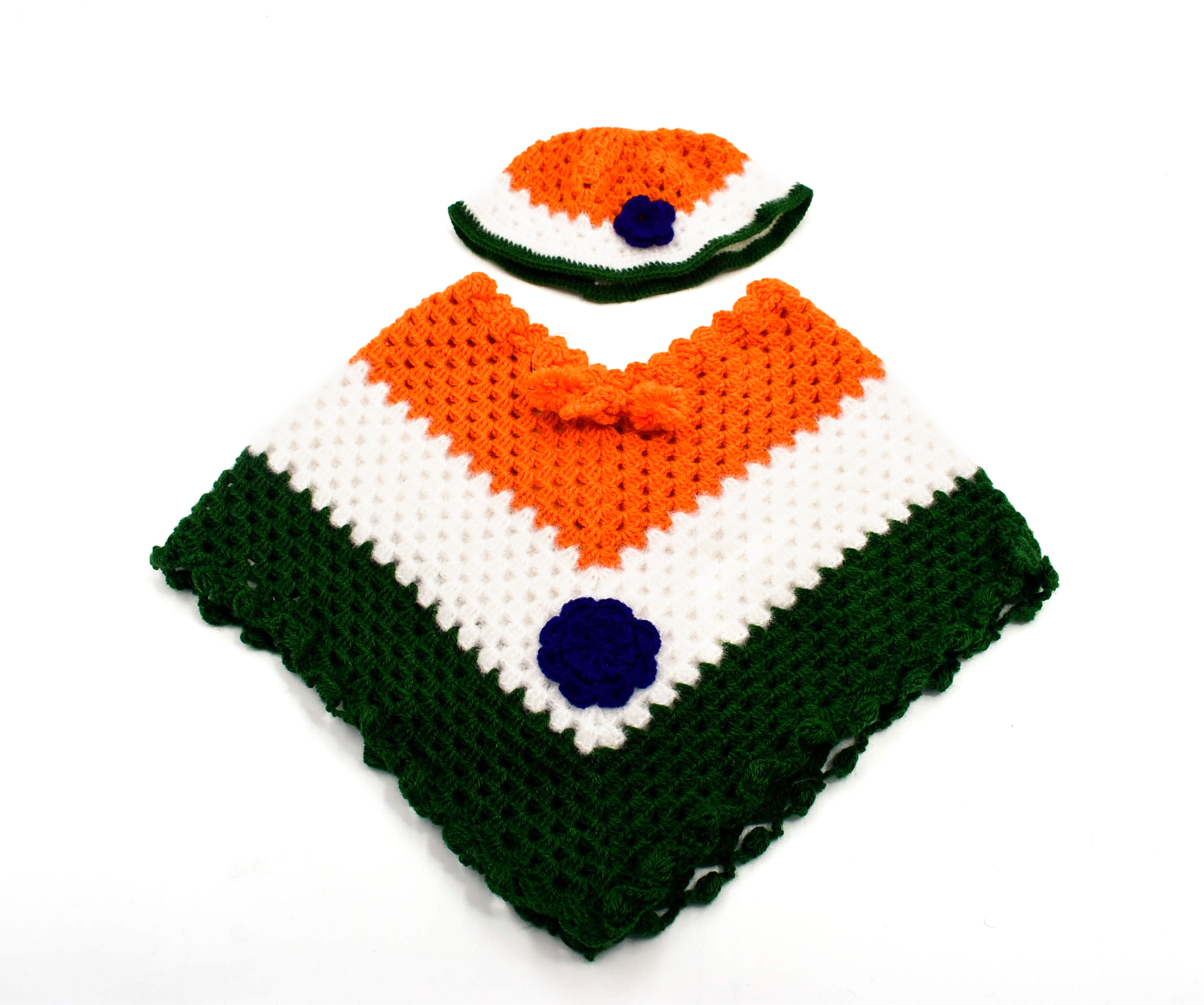 Handknitted Woolen Poncho and Cap Set for Kids, Tricolor Design (1-3 Years) Handknitted Woolen Poncho and Cap Set for Kids, Tricolor Design (1-3 Years)