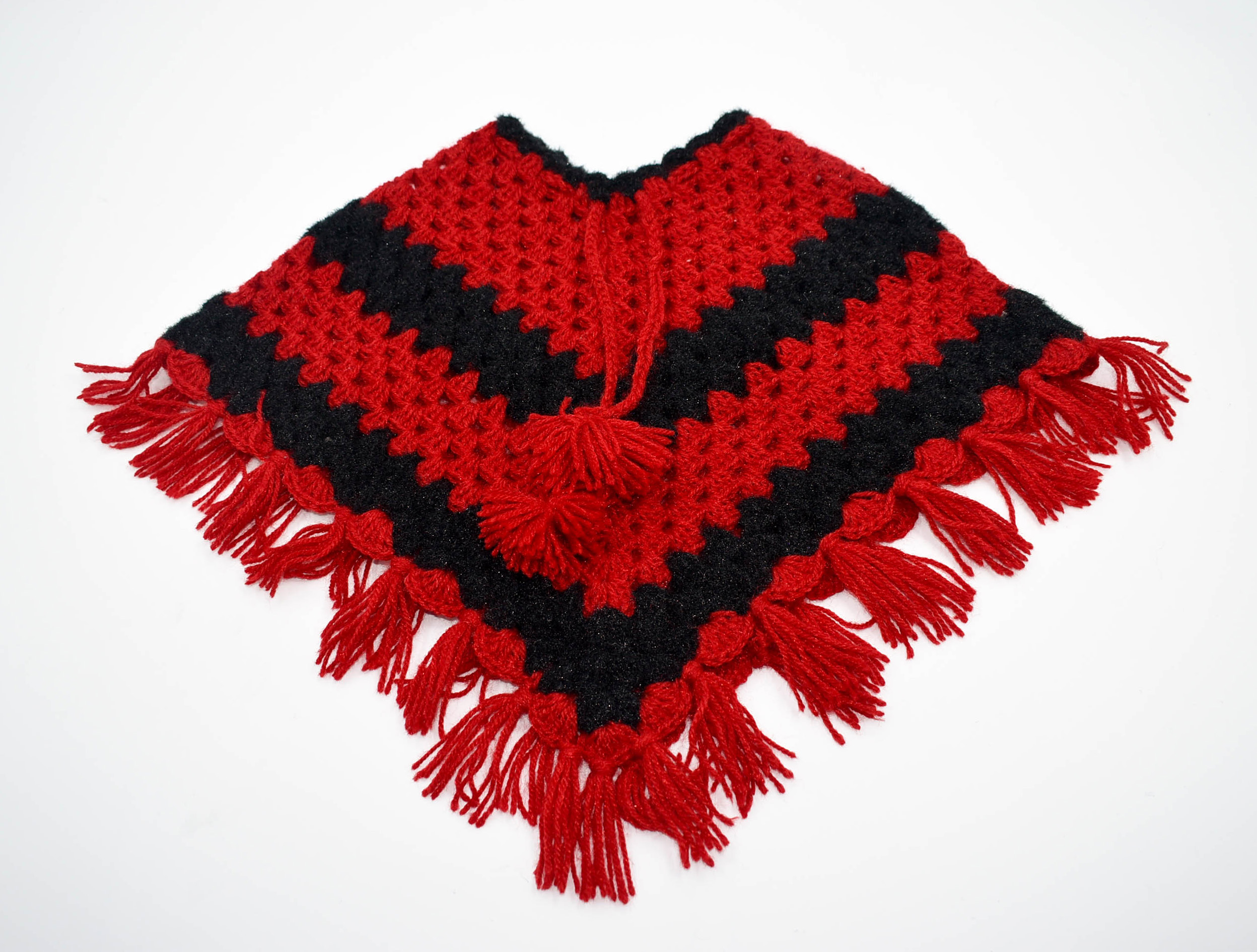 Handknitted Woolen Poncho and Cap Set for Kids, Red and Black (1-3 Years) Handknitted Woolen Poncho and Cap Set for Kids, Red and Black (1-3 Years)