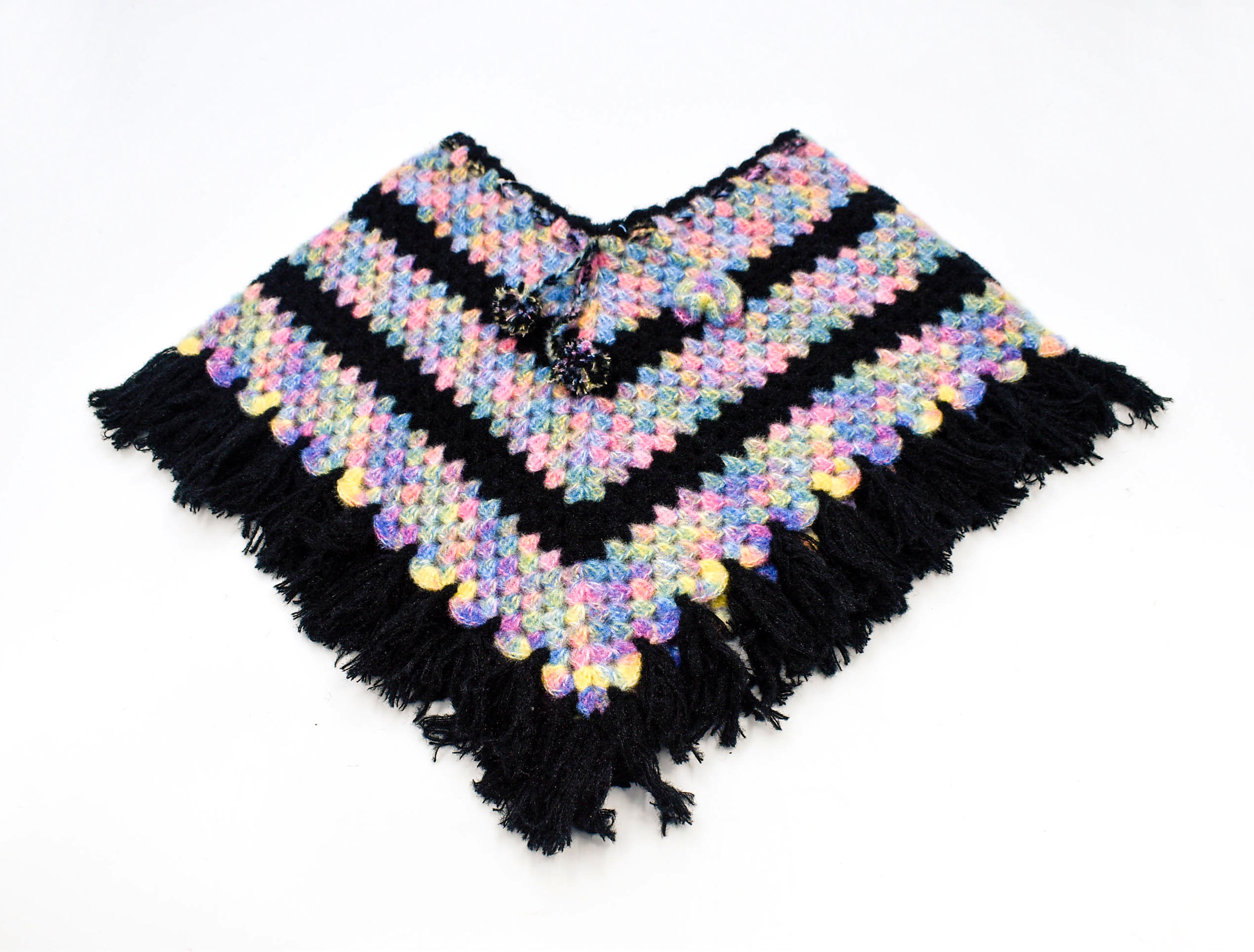 Handknitted Kids Woolen Poncho and Cap Set, Black with Multicolor Pattern (3-5 Years) Handknitted Kids Woolen Poncho and Cap Set, Black with Multicolor Pattern (3-5 Years)
