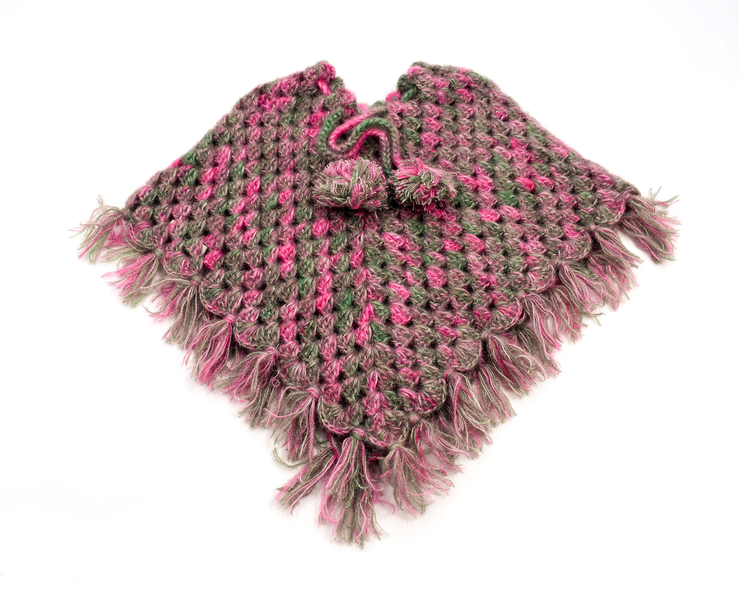 Handknitted Kids Woolen Poncho and Cap Set, Pink and Grey (1-2 Years) Handknitted Kids Woolen Poncho and Cap Set, Pink and Grey (1-2 Years)