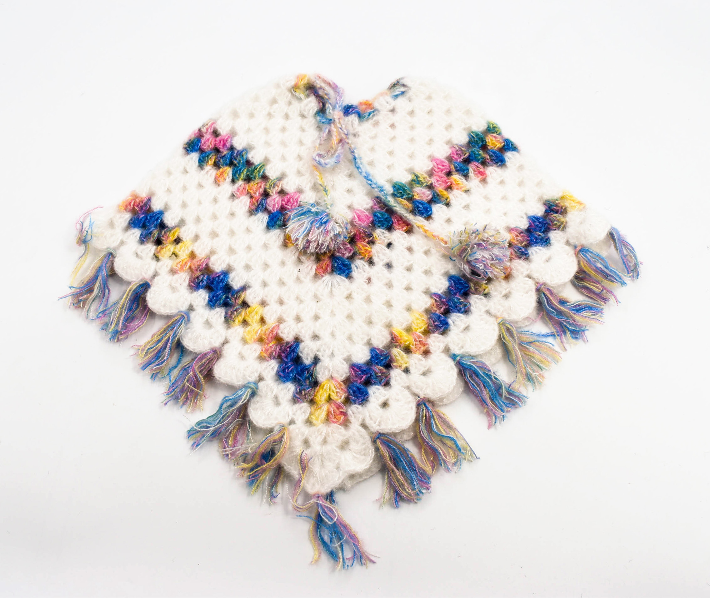 Handknitted Woolen Poncho and Cap Set for Kids, White with Multicolor Tassels (1-2 Years) Handknitted Woolen Poncho and Cap Set for Kids, White with Multicolor Tassels (1-2 Years)
