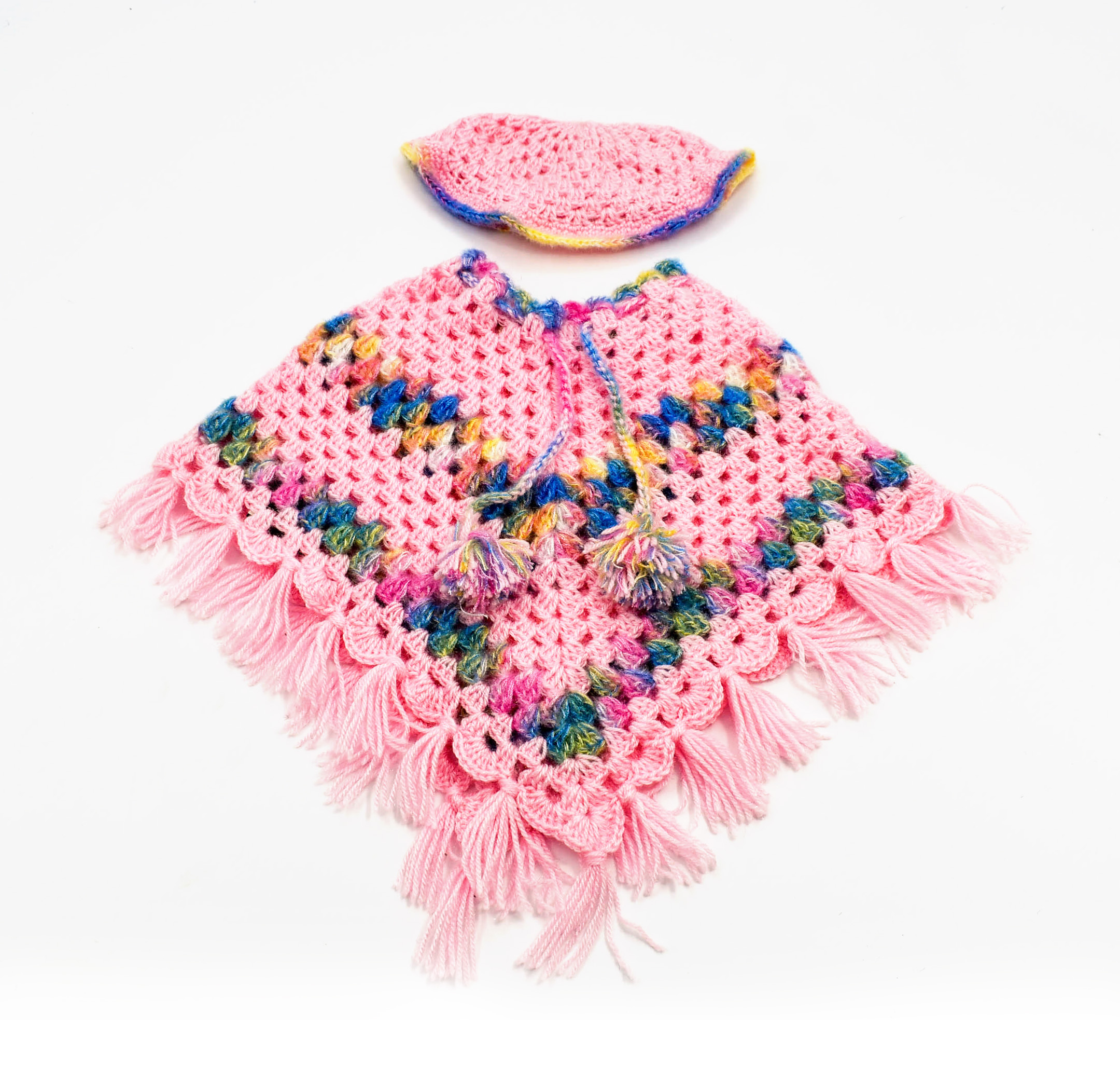 Handknitted Woolen Kids Poncho and Cap Set, Pink with Multicolor Pattern (6 Month - 1 Year) Handknitted Woolen Kids Poncho and Cap Set, Pink with Multicolor Pattern (6 Month - 1 Year)