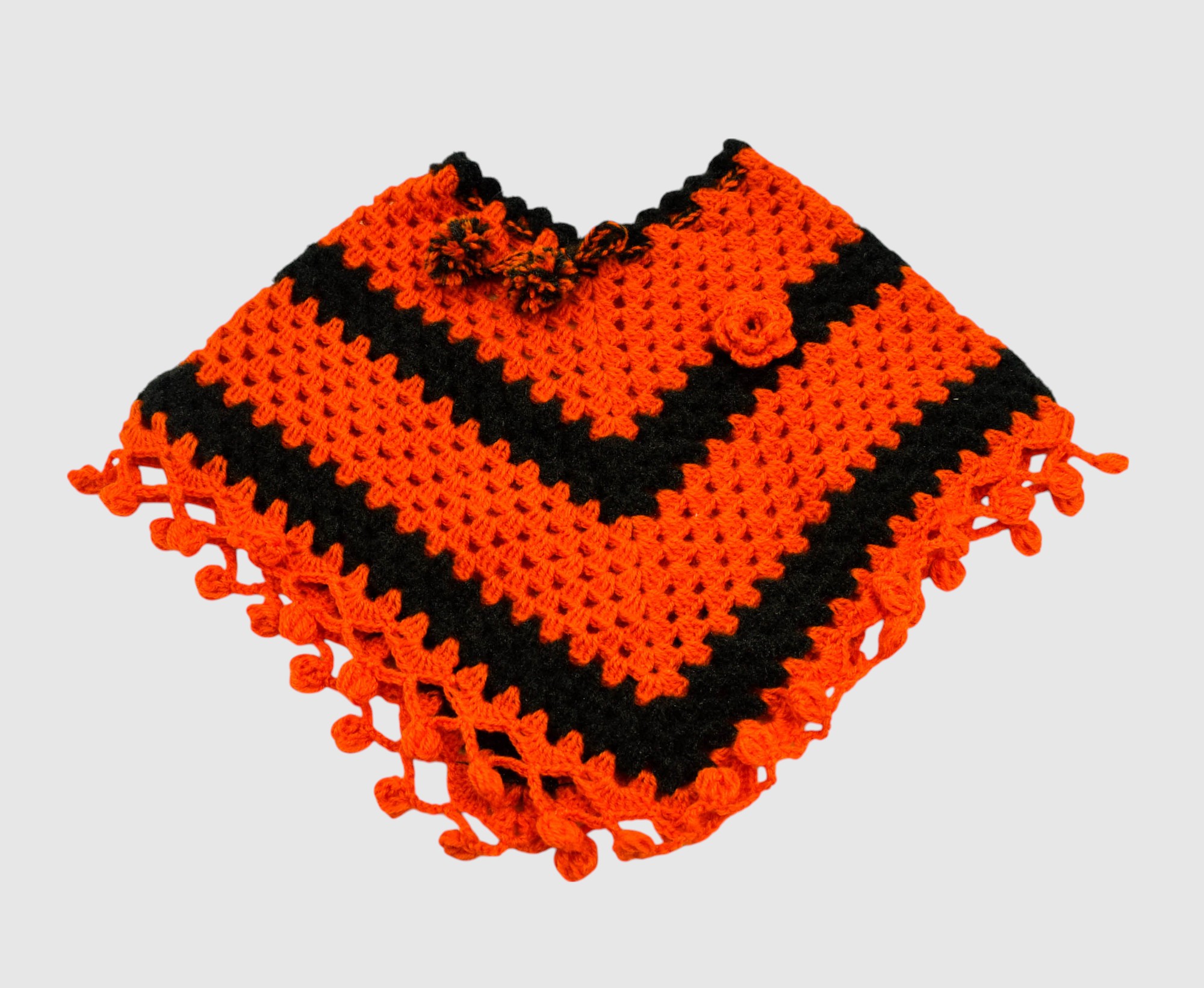 Handknitted Woolen Kids Poncho and Cap Set, Orange and Black (6 Months - 1 Year)