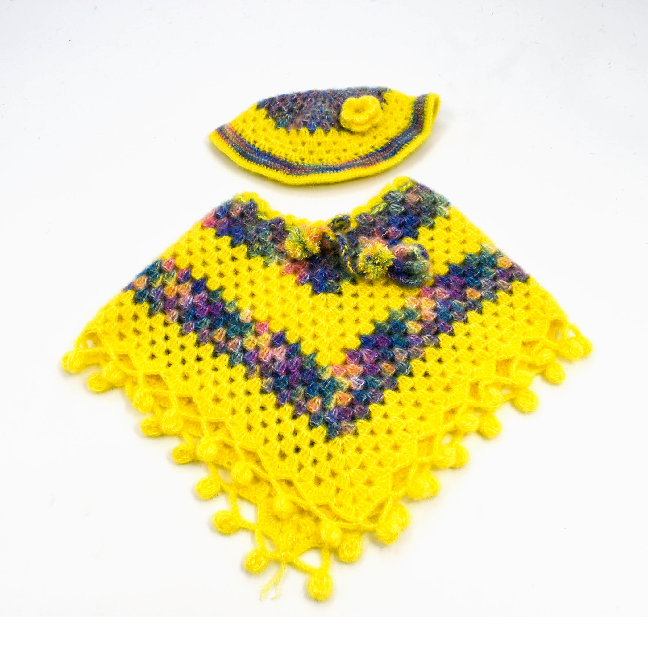 Handknitted Woolen Poncho and Cap Set for Kids, Yellow with Multicolor Pattern (3-6 Months) ( Handknitted Woolen Poncho and Cap Set for Kids, Yellow with Multicolor Pattern (3-6 Months) (