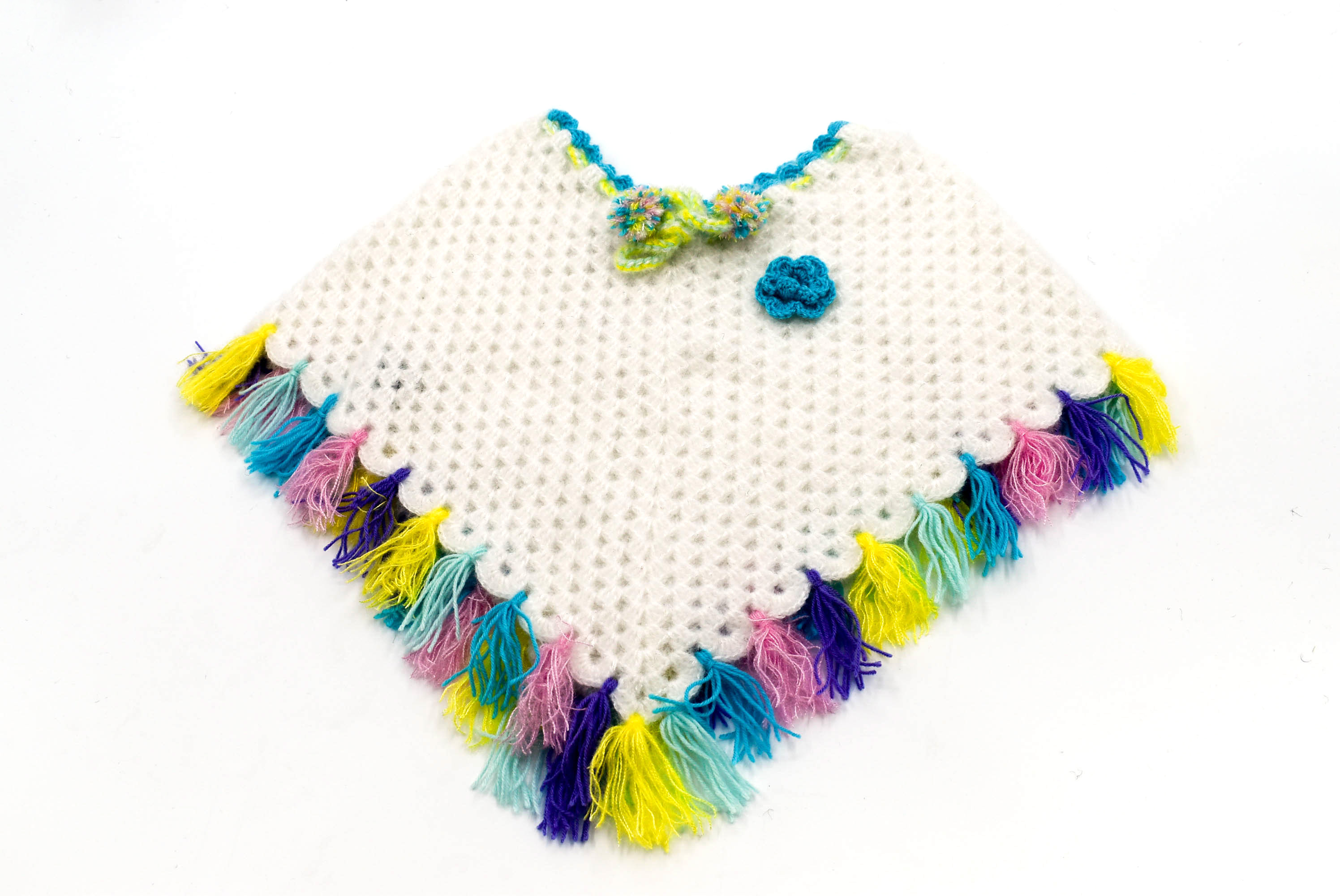 Handknitted Kids Woolen Poncho and Cap Set, White with Multicolor Tassels (1-3 Years) Handknitted Kids Woolen Poncho and Cap Set, White with Multicolor Tassels (1-3 Years)