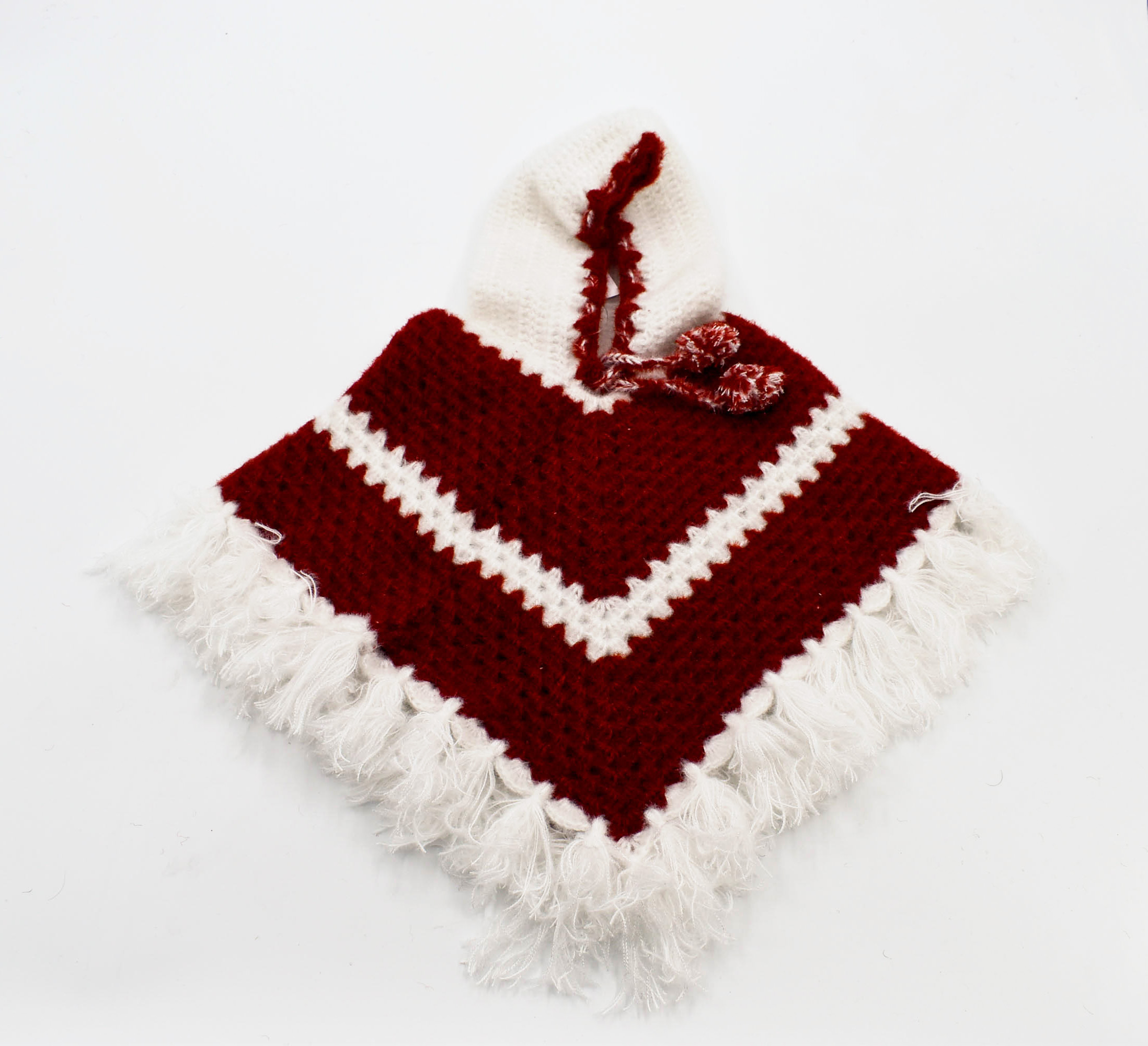 Kids Handknitted Woolen Poncho with Cap, Red and White (6 Months - 1 Year) Kids Handknitted Woolen Poncho with Cap, Red and White (6 Months - 1 Year)