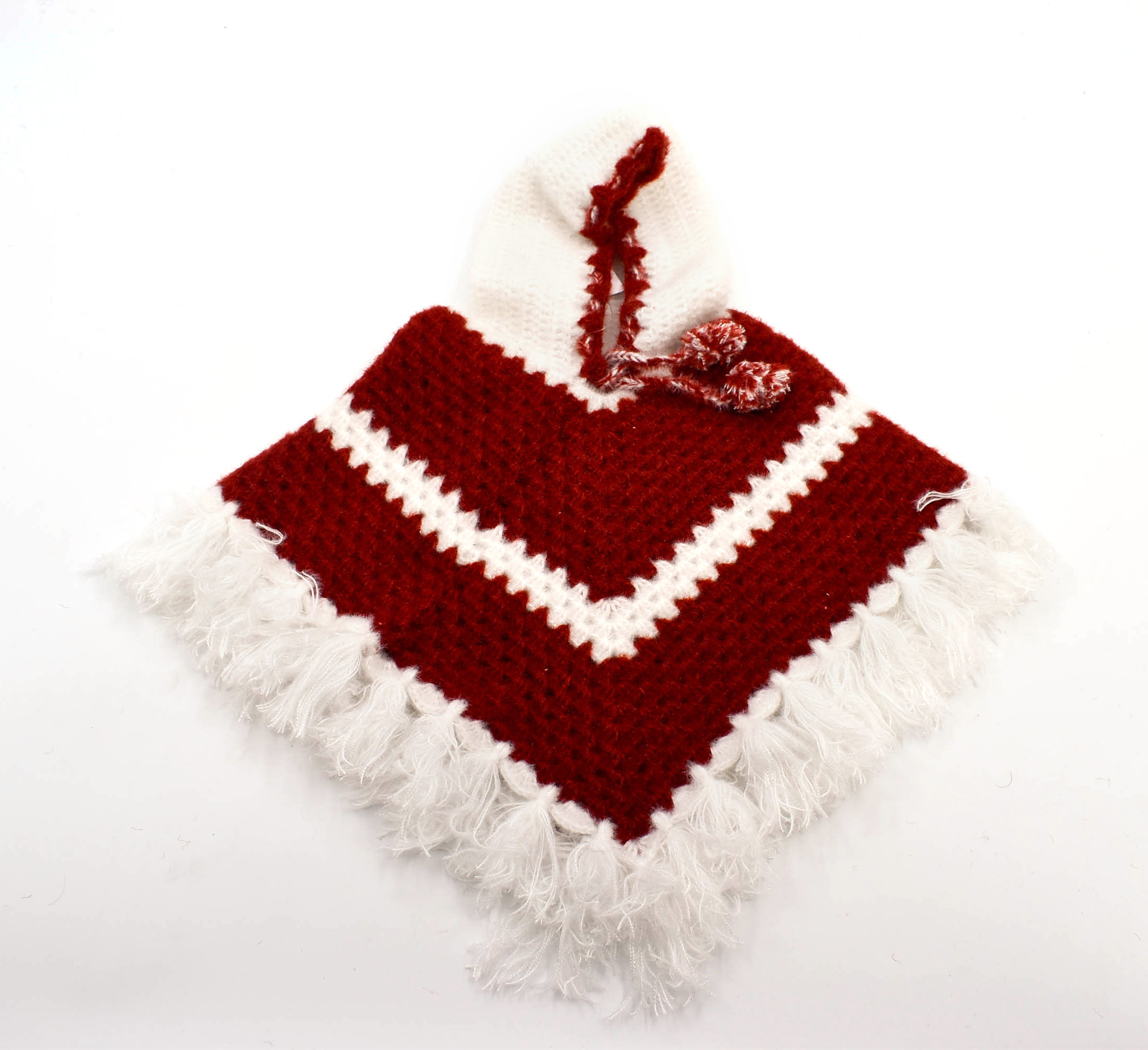 Kids Handknitted Woolen Poncho with Cap, Red and White (6 Months - 1 Year) Kids Handknitted Woolen Poncho with Cap, Red and White (6 Months - 1 Year)
