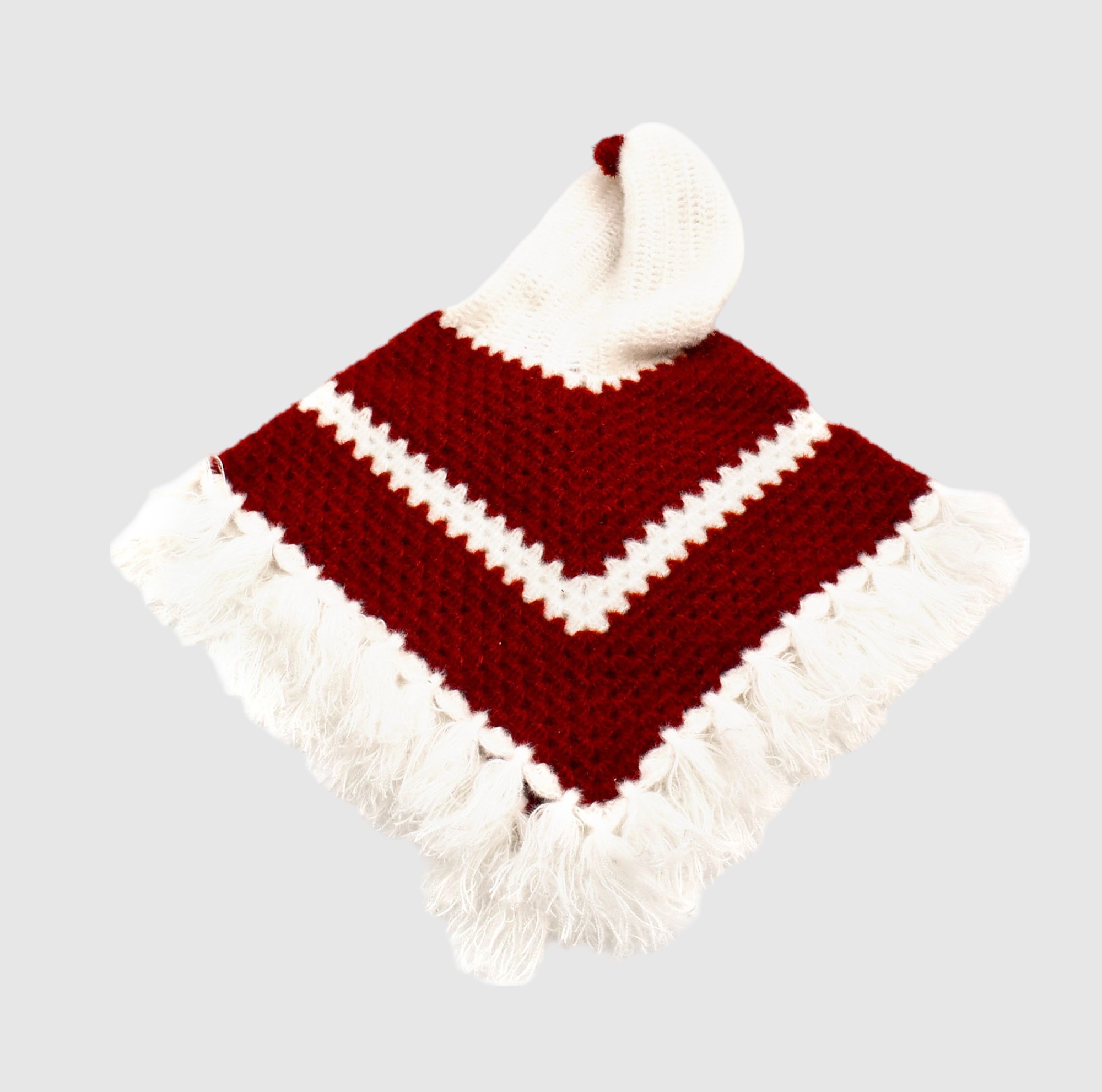 Kids Handknitted Woolen Poncho with Cap, Red and White (6 Months - 1 Year)