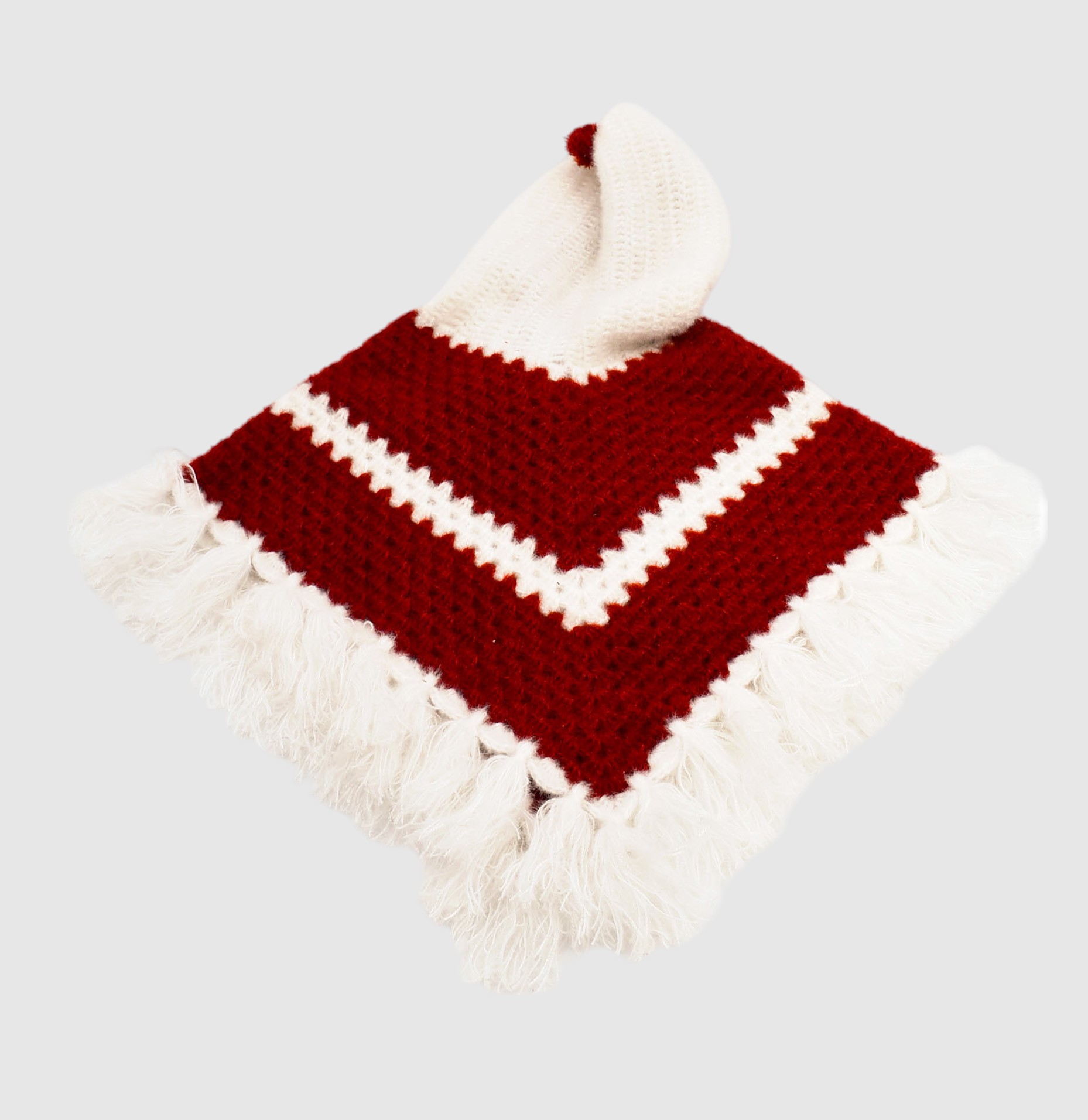 Kids Handknitted Woolen Poncho with Cap, Red and White (6 Months - 1 Year)