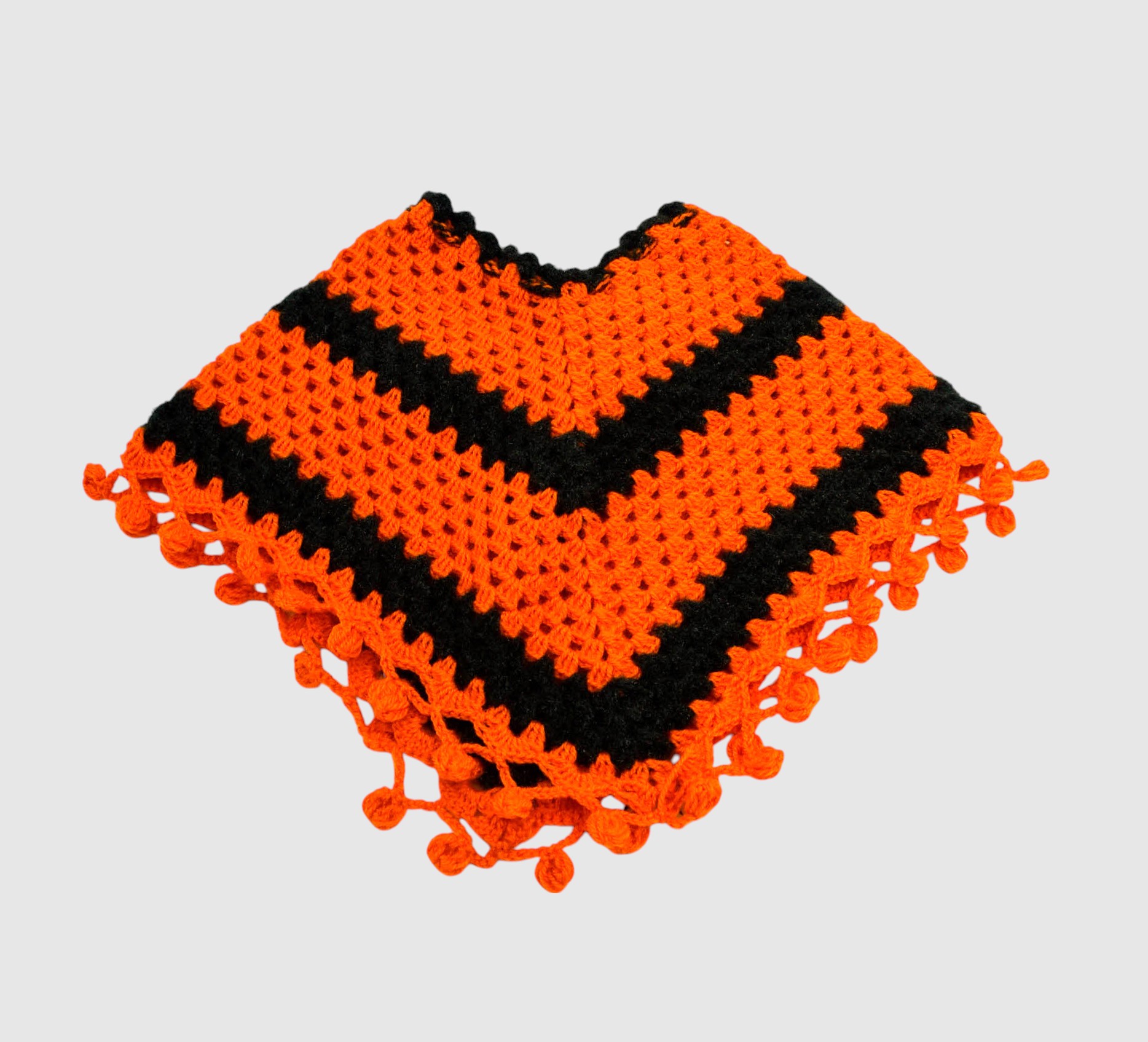 Handknitted Woolen Kids Poncho and Cap Set, Orange and Black (6 Months - 1 Year)