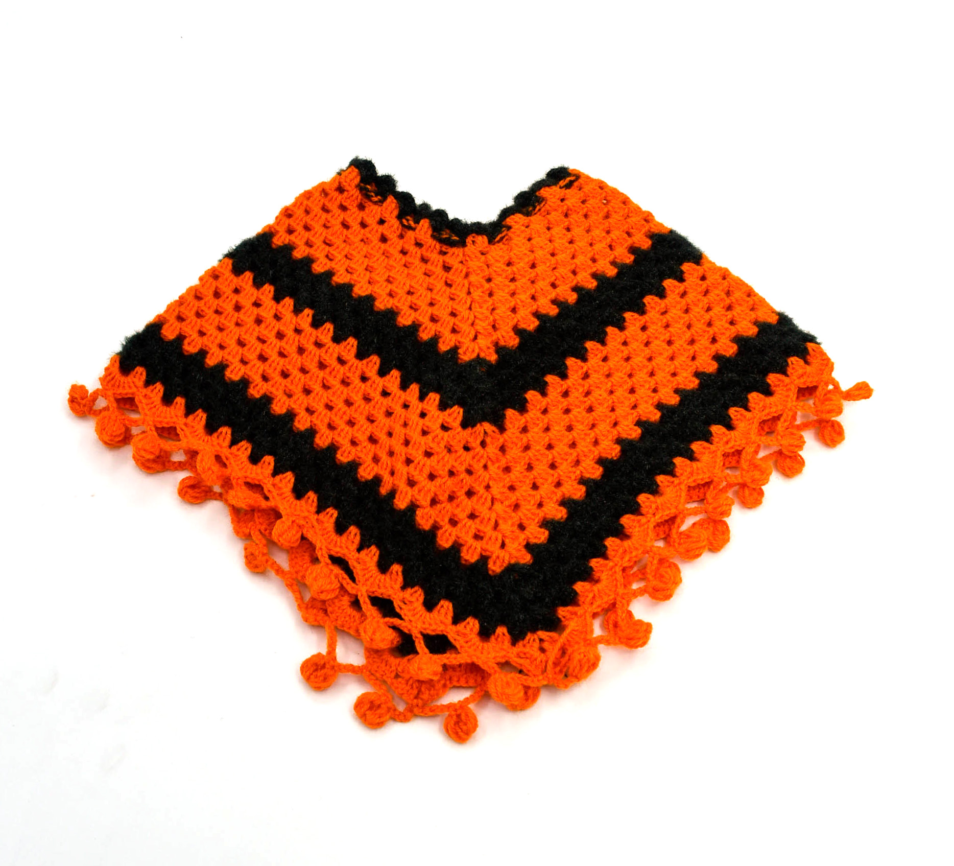 Handknitted Woolen Kids Poncho and Cap Set, Orange and Black (6 Months - 1 Year) Handknitted Woolen Kids Poncho and Cap Set, Orange and Black (6 Months - 1 Year)
