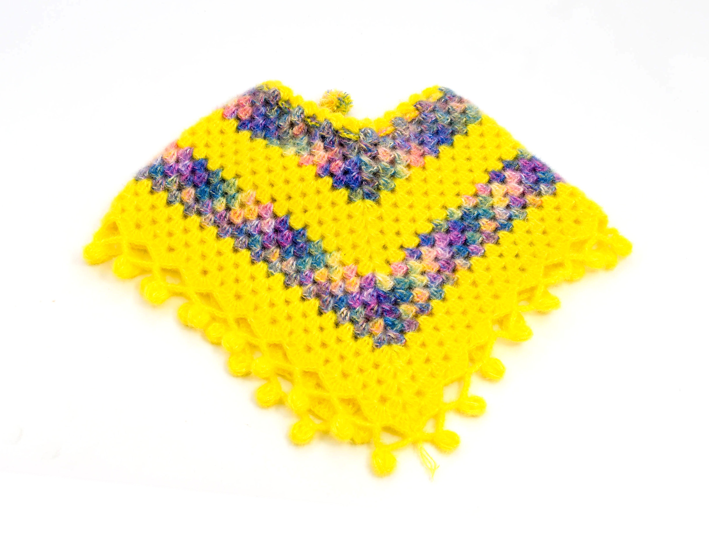Handknitted Woolen Poncho and Cap Set for Kids, Yellow with Multicolor Pattern (3-6 Months) ( Handknitted Woolen Poncho and Cap Set for Kids, Yellow with Multicolor Pattern (3-6 Months) (