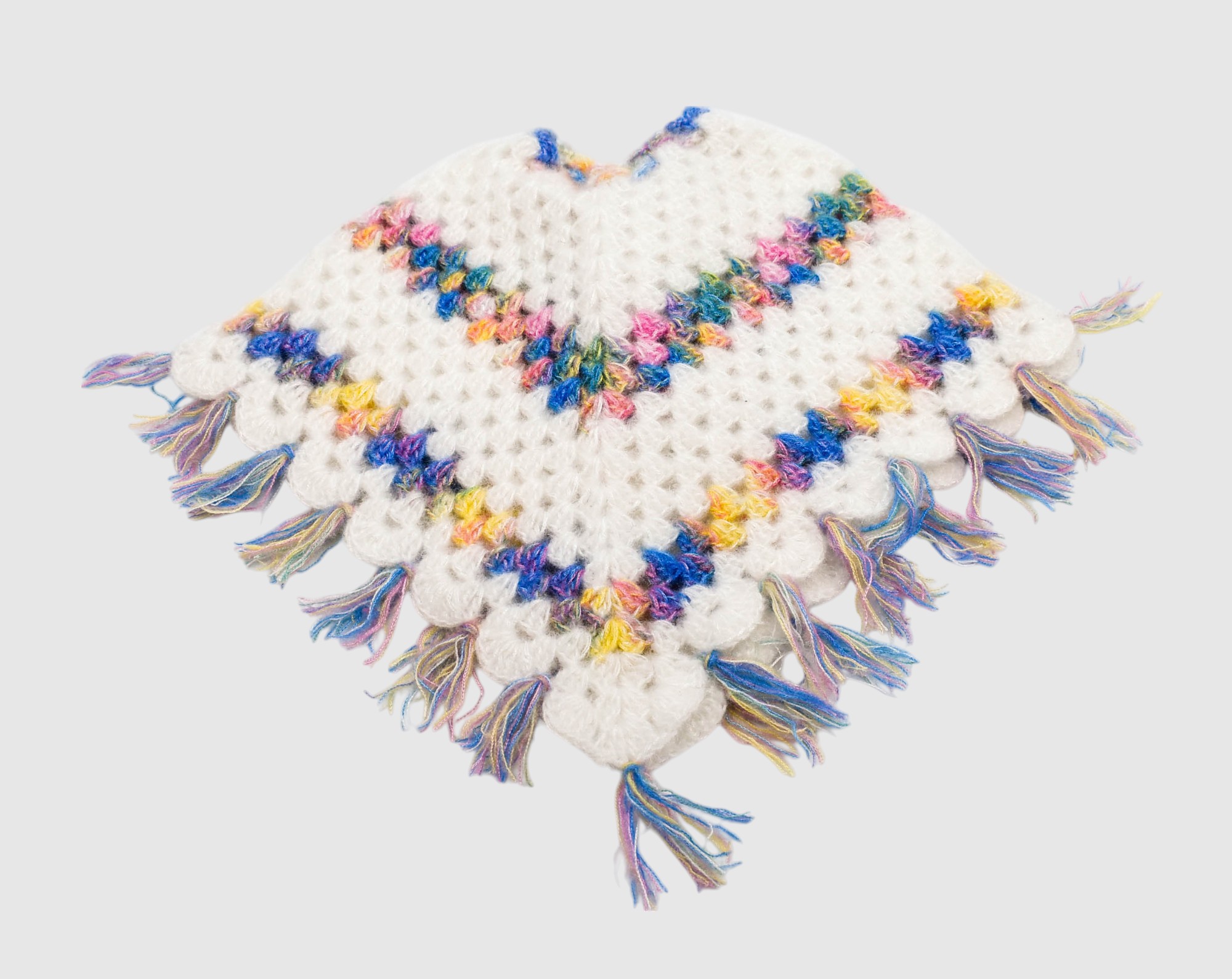 Handknitted Woolen Poncho and Cap Set for Kids, White with Multicolor Tassels (1-2 Years)